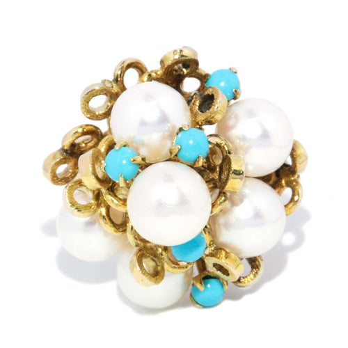 Abigael 1960s Akoya Pearl & Turquoise Ring 14K Yellow Gold