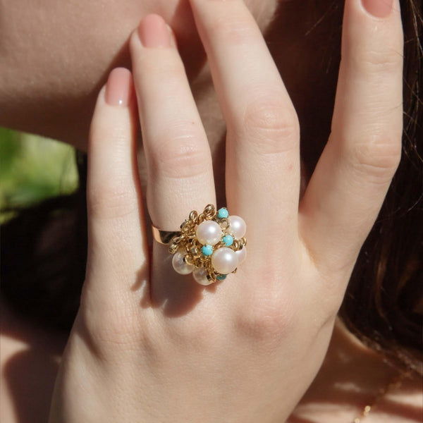 Vintage Circa 1960s Pearl & Turquoise Cluster Ring 14 Carat Gold