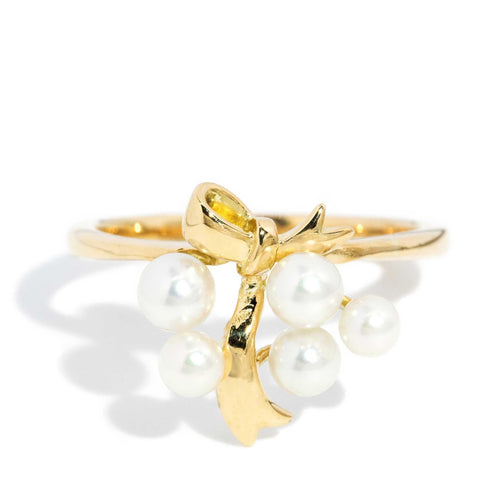 Acadia 1950s Pearl Ribbon Bow Ring 18K Yellow Gold