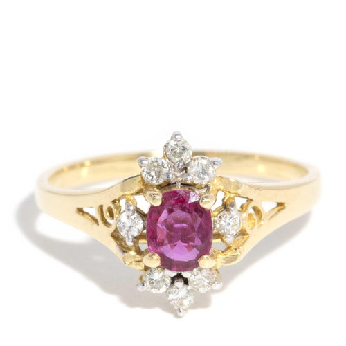 Adaline 1980s Ruby & Diamond Openwork Ring 18K Yellow Gold