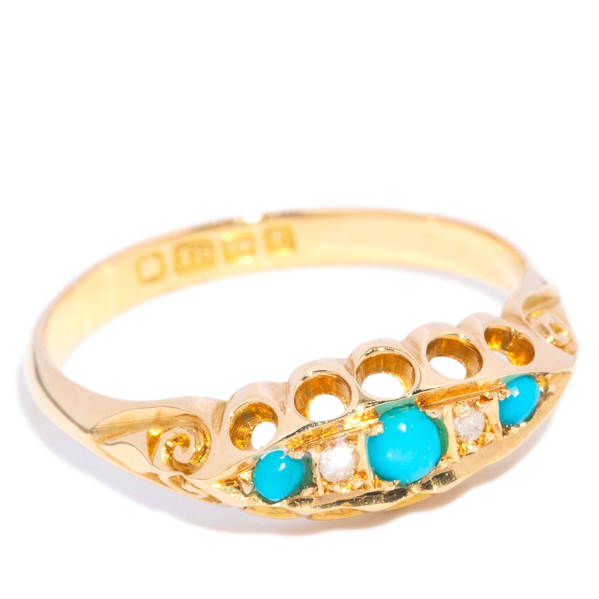 Addie Turquoise & Pearl Five Stone Ring 18K Yellow Gold Rings Anthology Jewellers 