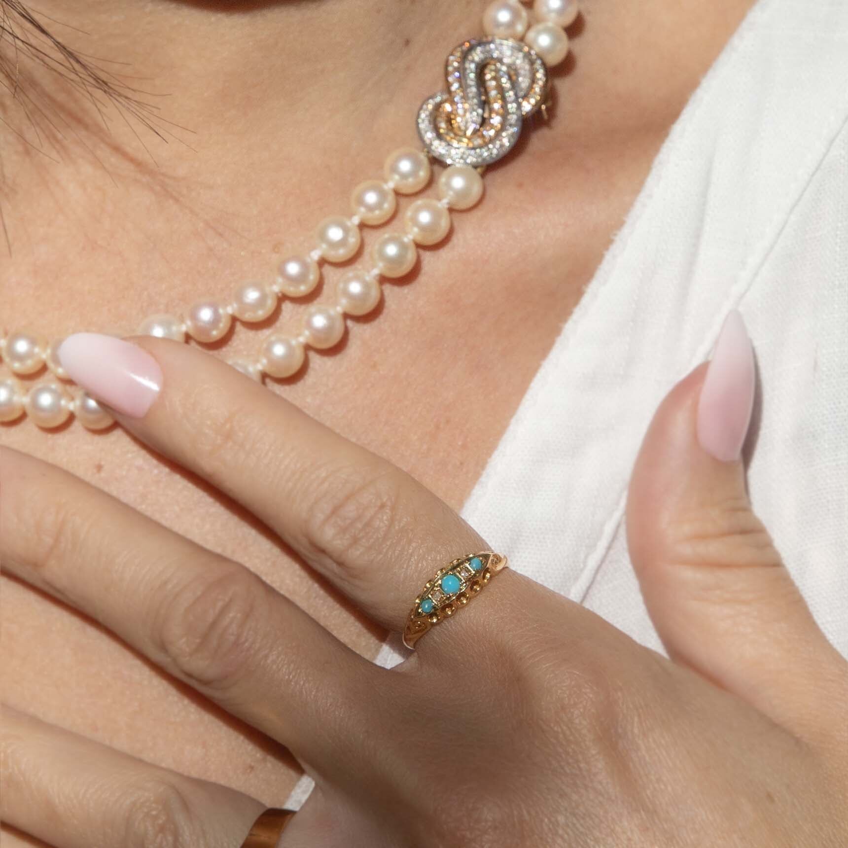 Addie Turquoise & Pearl Five Stone Ring 18K Yellow Gold Rings Anthology Jewellers 