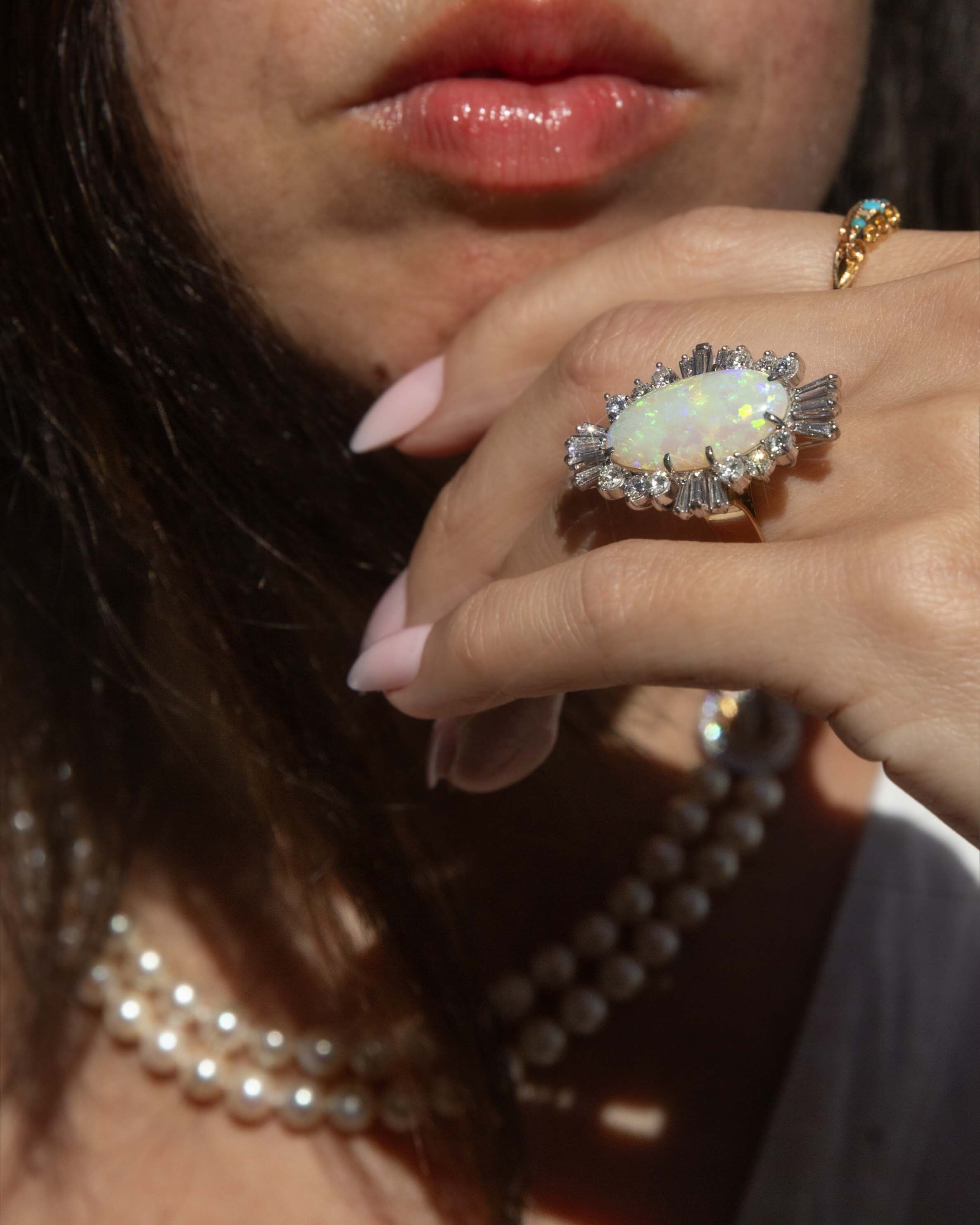 Addie Turquoise & Pearl Five Stone Ring 18K Yellow Gold Rings Anthology Jewellers 