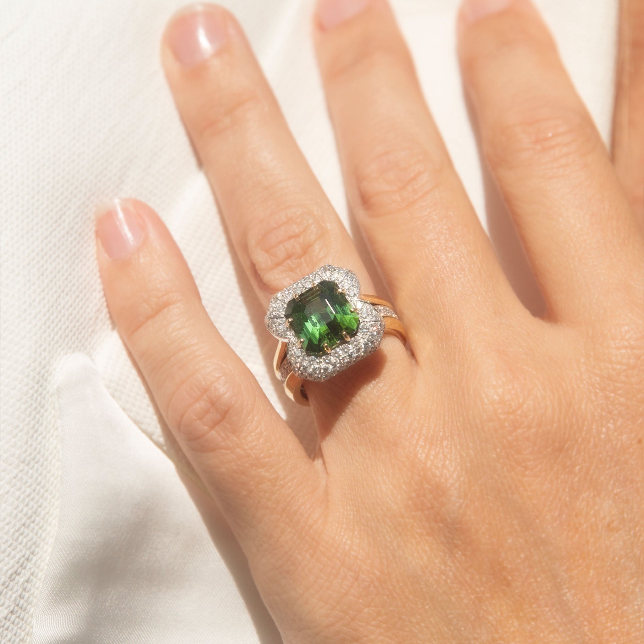 Adrianna Green Tourmaline & Diamond Ring 18K Two Tone Gold Rings Anthology Jewellers 