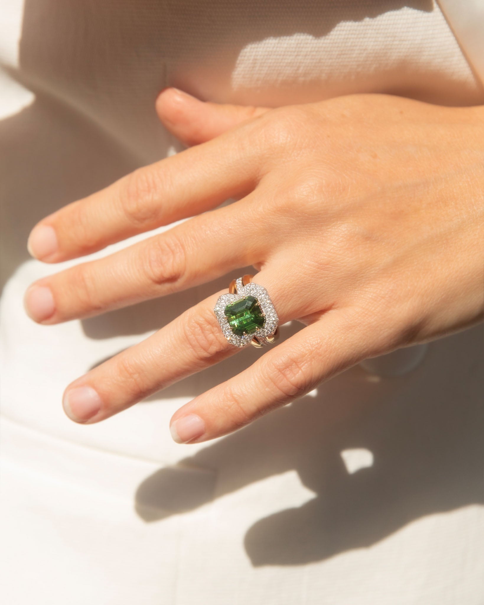 Adrianna Green Tourmaline & Diamond Ring 18K Two Tone Gold Rings Anthology Jewellers 