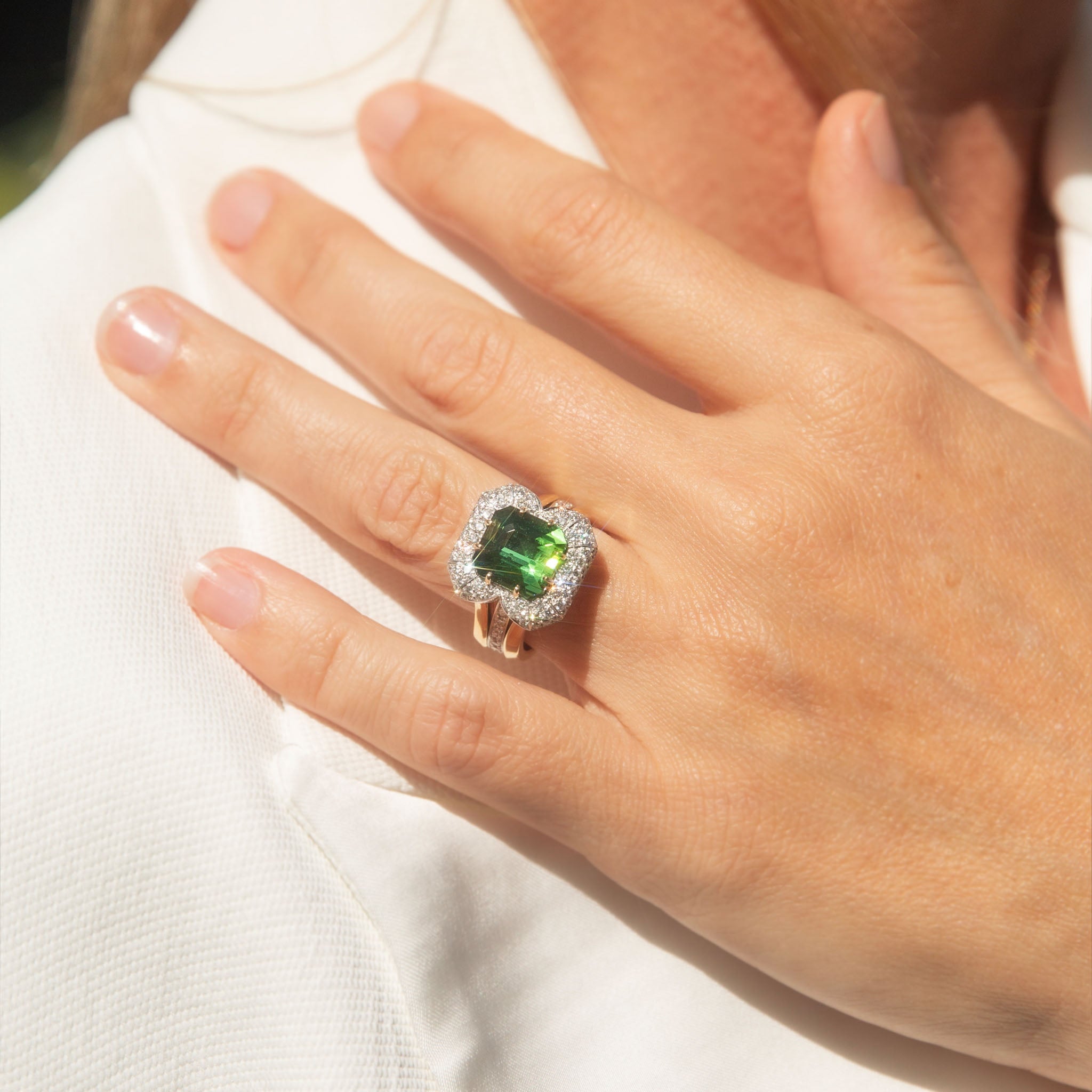 Adrianna Green Tourmaline & Diamond Ring 18K Two Tone Gold Rings Anthology Jewellers 