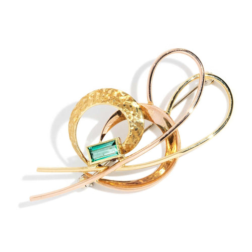 Akila 1970s Emerald Twin Heart Brooch 18K Yellow Gold