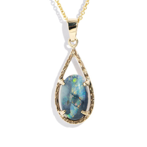 Alannah 1970s Black Opal Openwork Pendant 9K Yellow Gold