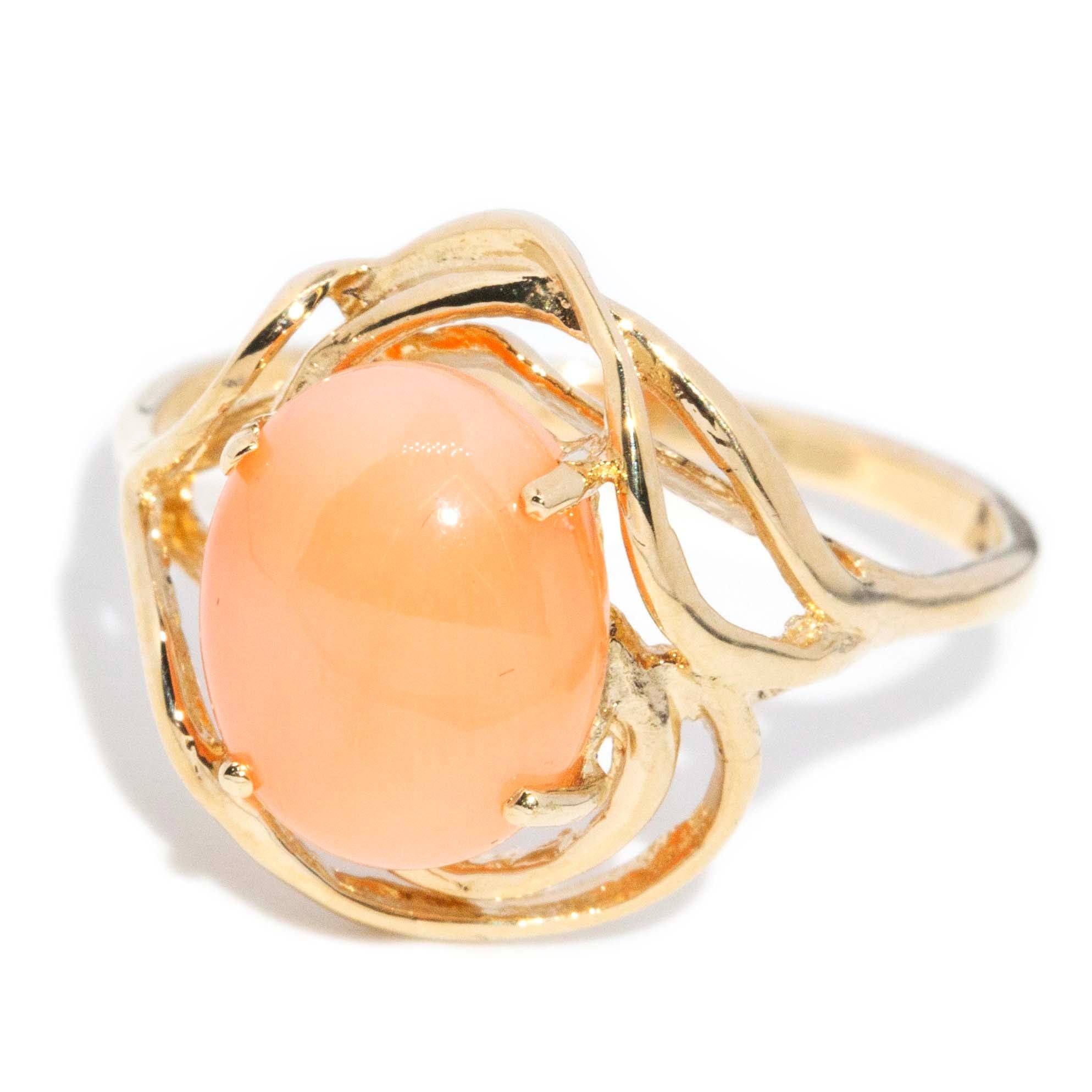 Alexandra Vintage Circa 1960s Coral Cabochon Openwork Ring 14ct Yellow Gold Rings Imperial Jewellery 
