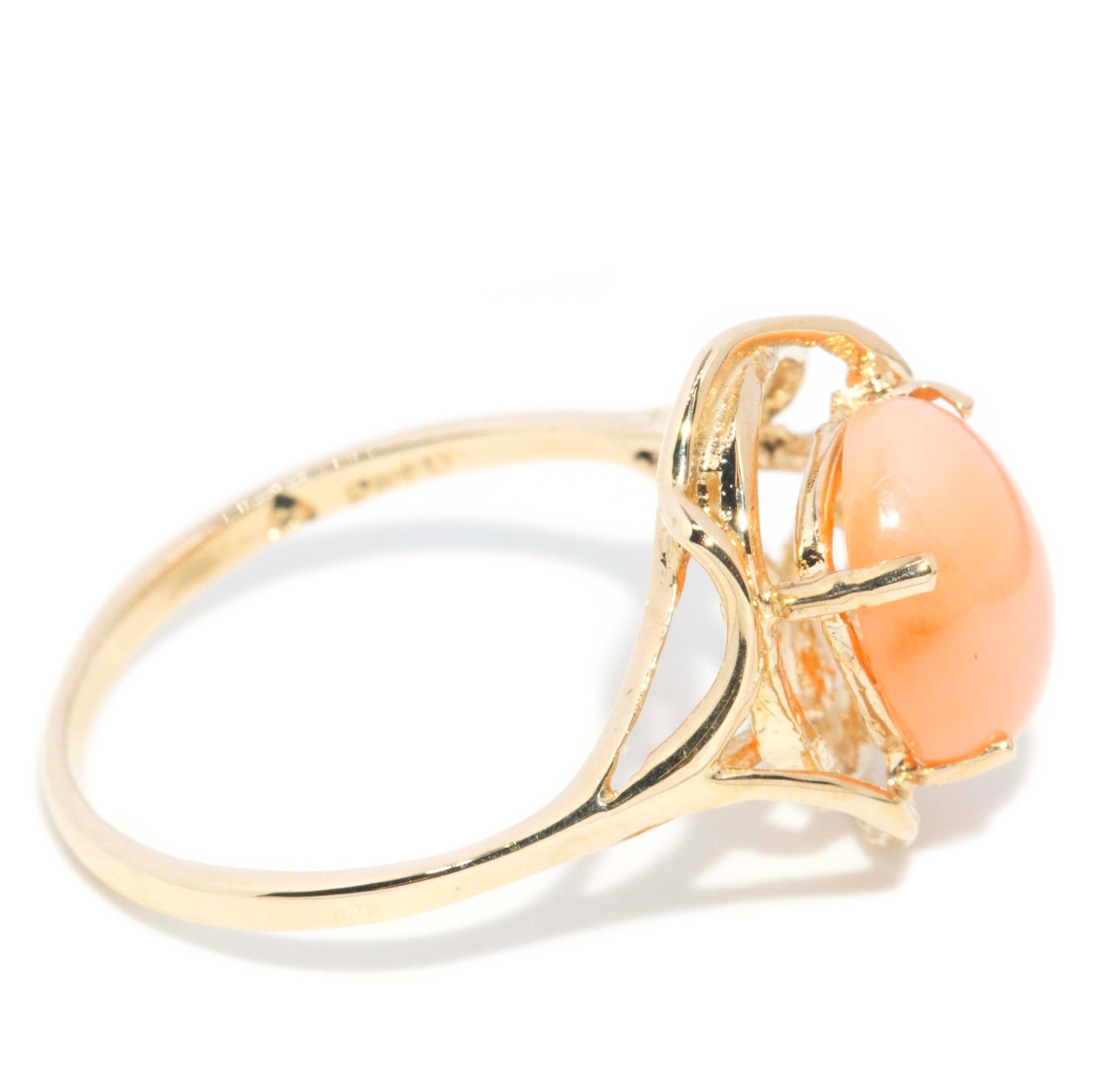 Alexandra Vintage Circa 1960s Coral Cabochon Openwork Ring 14ct Yellow Gold Rings Imperial Jewellery 
