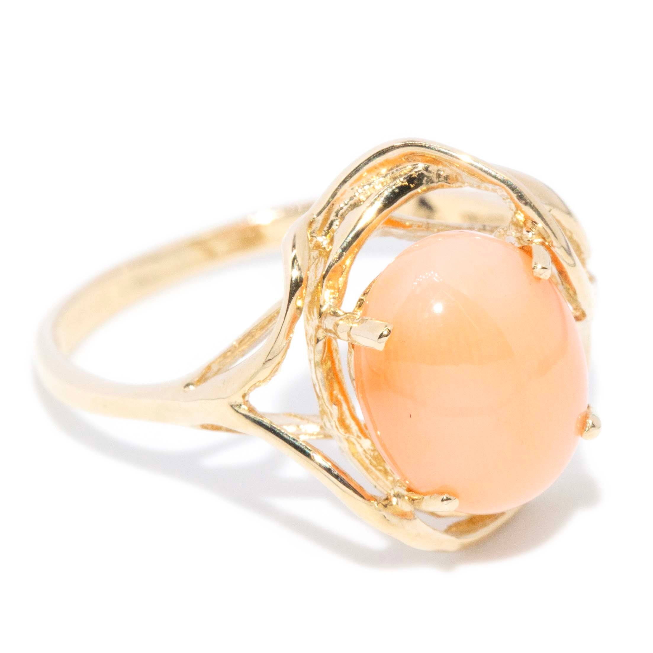 Alexandra Vintage Circa 1960s Coral Cabochon Openwork Ring 14ct Yellow Gold Rings Imperial Jewellery 