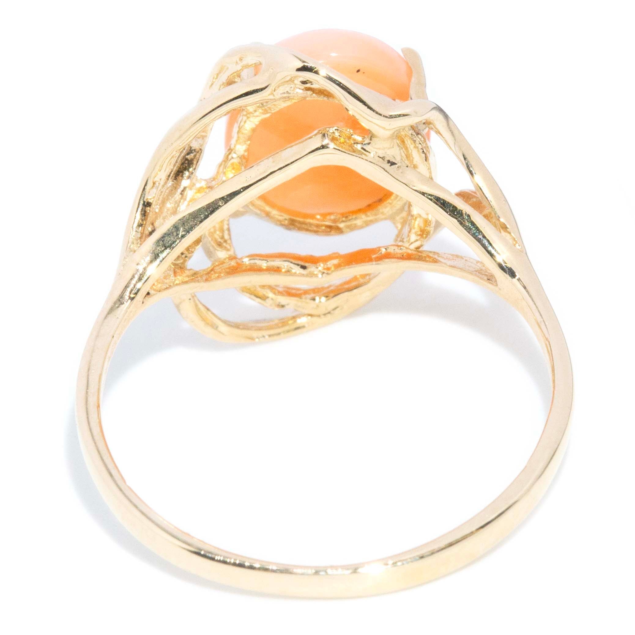 Alexandra Vintage Circa 1960s Coral Cabochon Openwork Ring 14ct Yellow Gold Rings Imperial Jewellery 