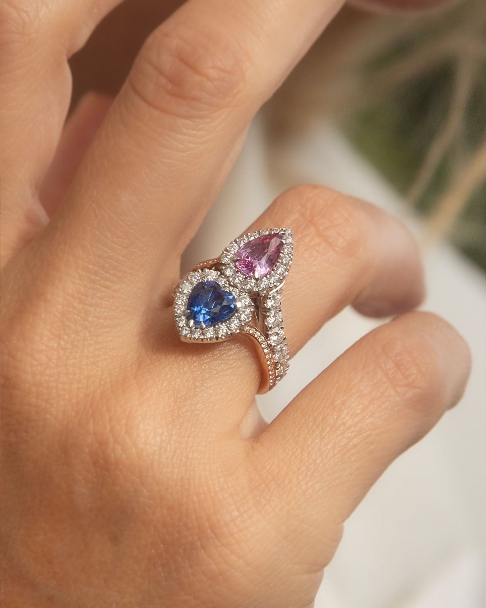 Alula Blue & Pink Sapphire & Diamond Ring 18K Two Tone Gold Rings Anthology Jewellers 
