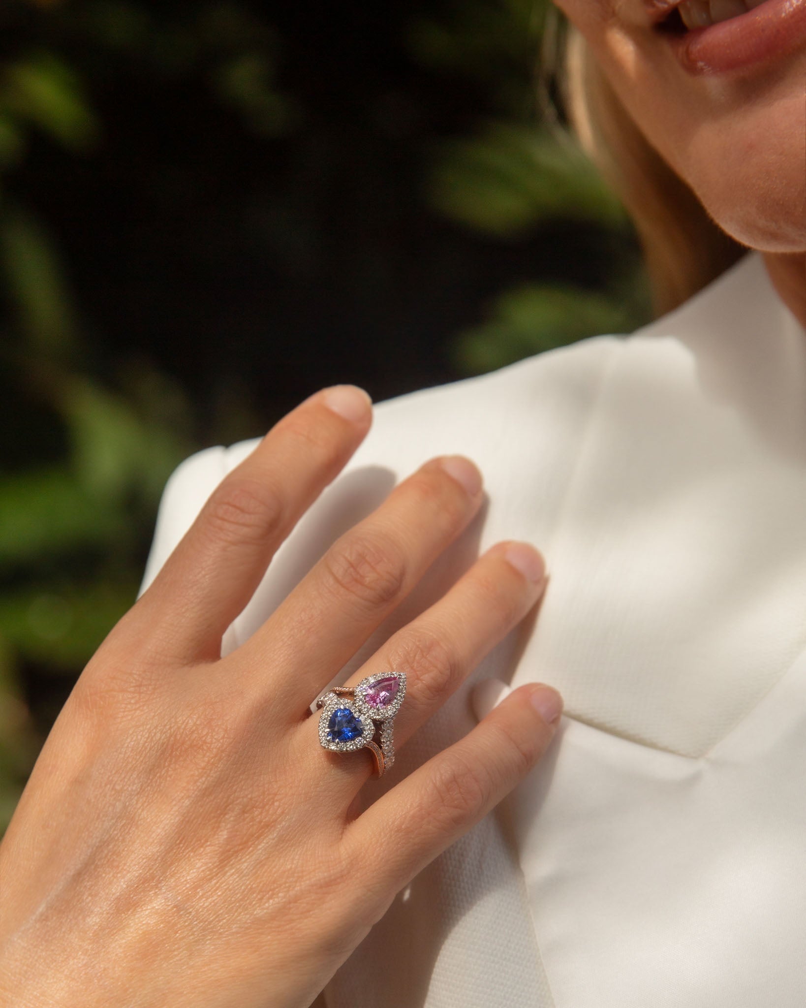 Alula Blue & Pink Sapphire & Diamond Ring 18K Two Tone Gold Rings Anthology Jewellers 