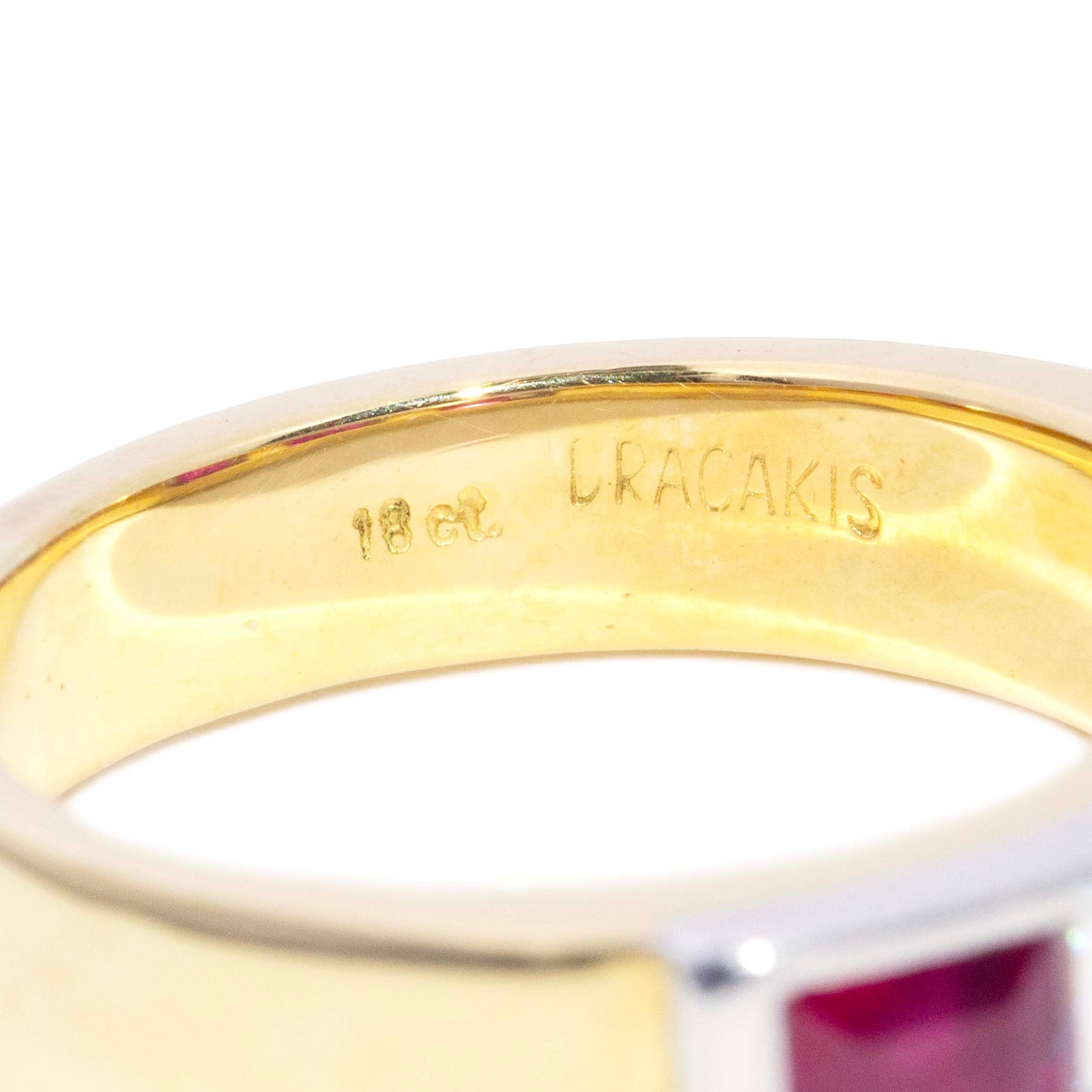 Amira Vintage Carre Cut Ruby & Diamond Three Stone Ring 18ct Two Tone Gold Rings Imperial Jewellery 