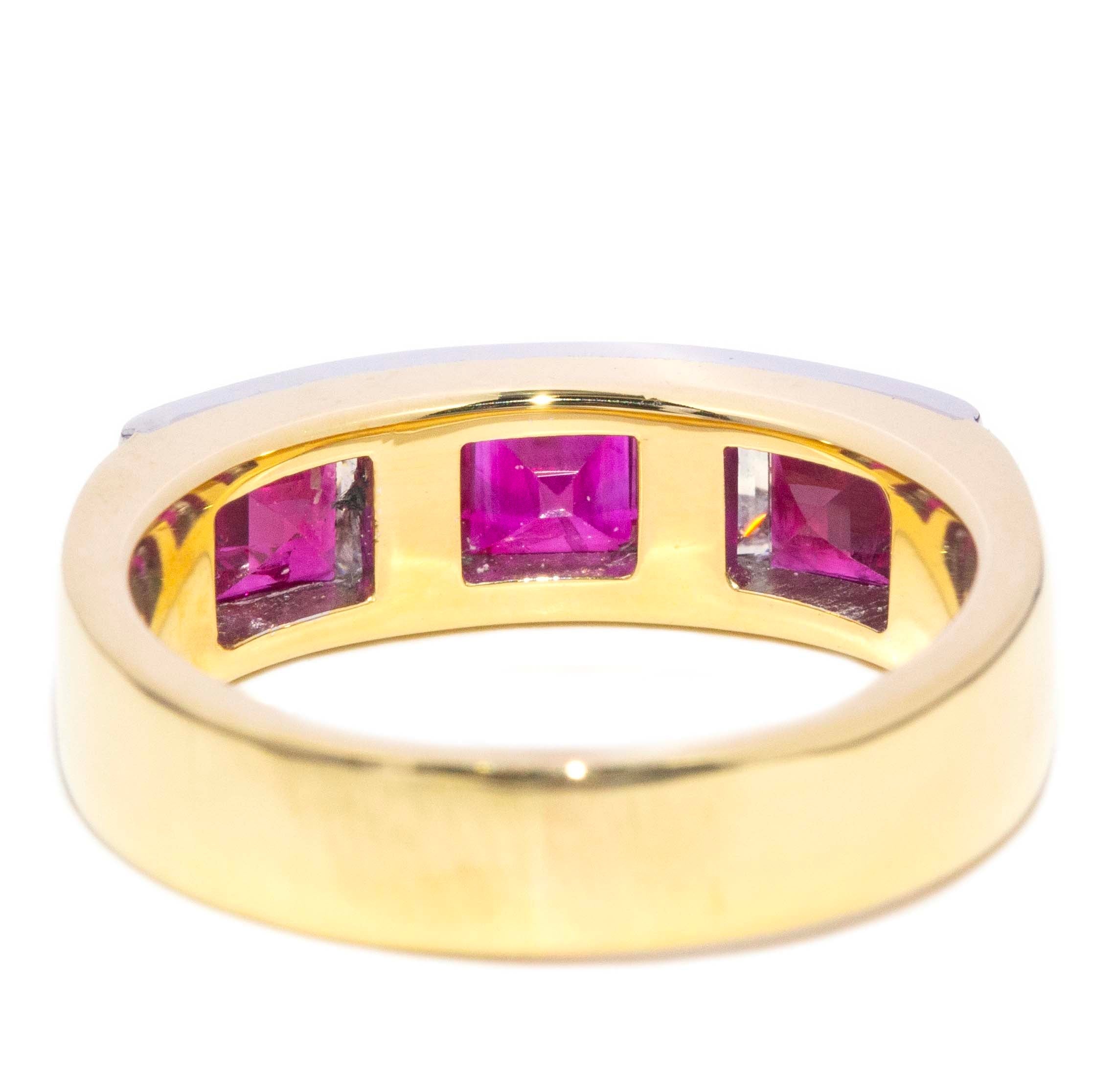 Amira Vintage Carre Cut Ruby & Diamond Three Stone Ring 18ct Two Tone Gold Rings Imperial Jewellery 