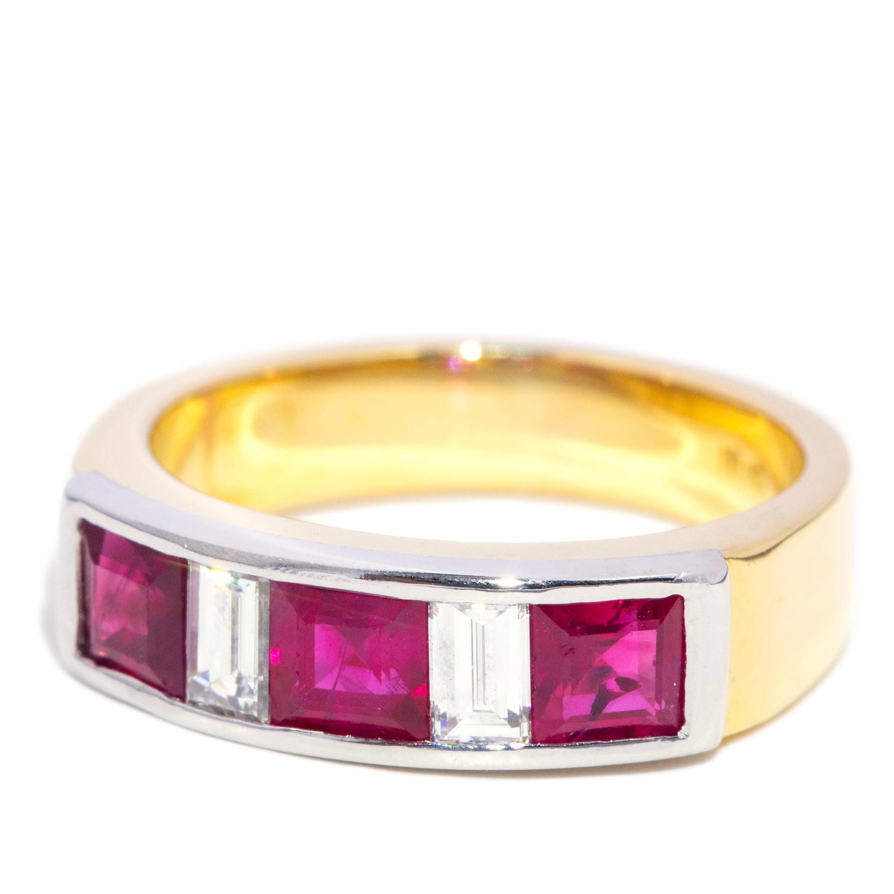 Amira Vintage Carre Cut Ruby & Diamond Three Stone Ring 18ct Two Tone Gold Rings Imperial Jewellery 
