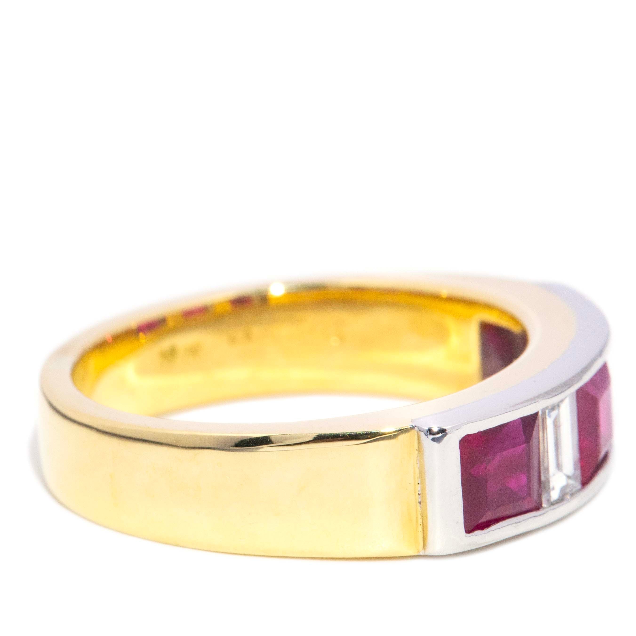 Amira Vintage Carre Cut Ruby & Diamond Three Stone Ring 18ct Two Tone Gold Rings Imperial Jewellery 