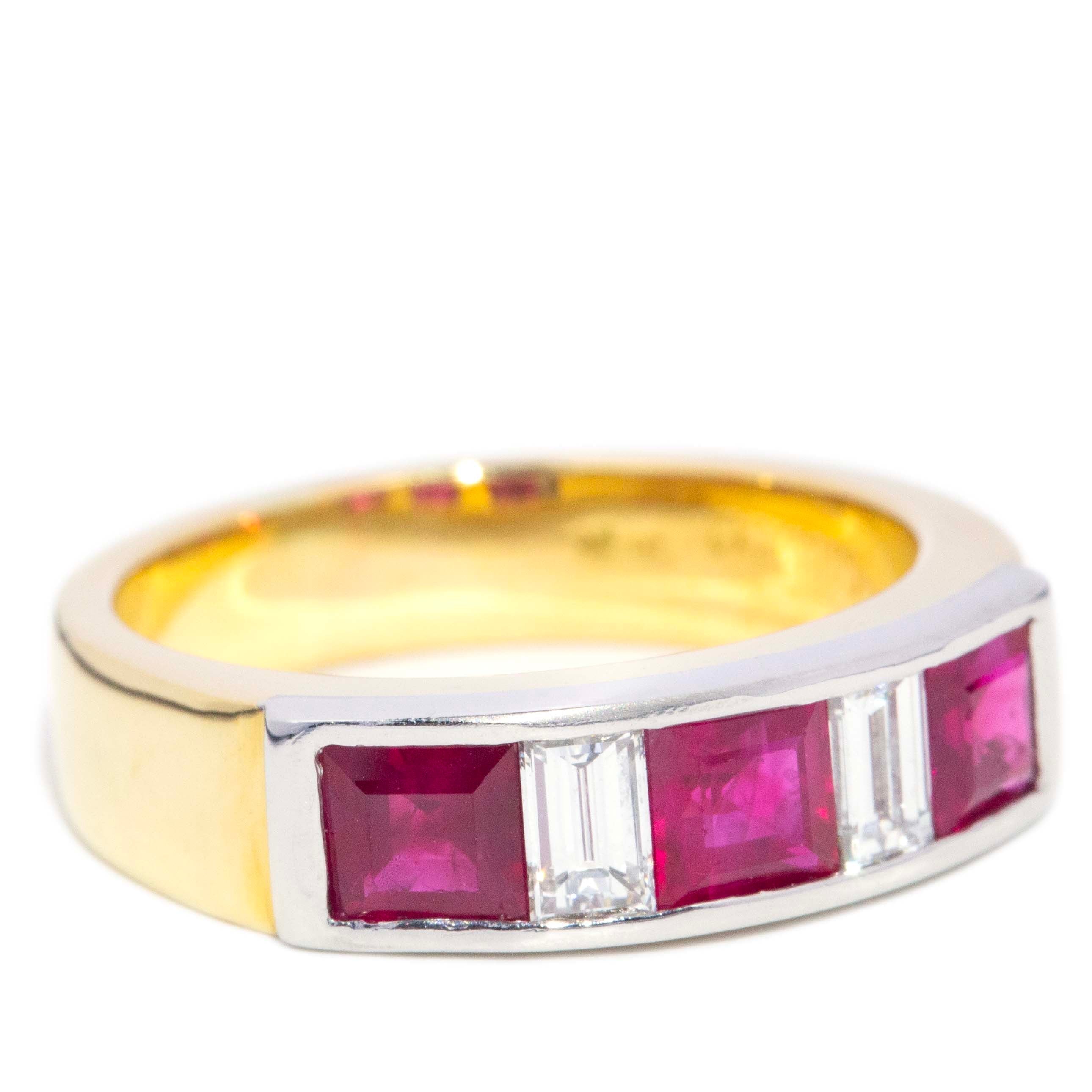 Amira Vintage Carre Cut Ruby & Diamond Three Stone Ring 18ct Two Tone Gold Rings Imperial Jewellery 