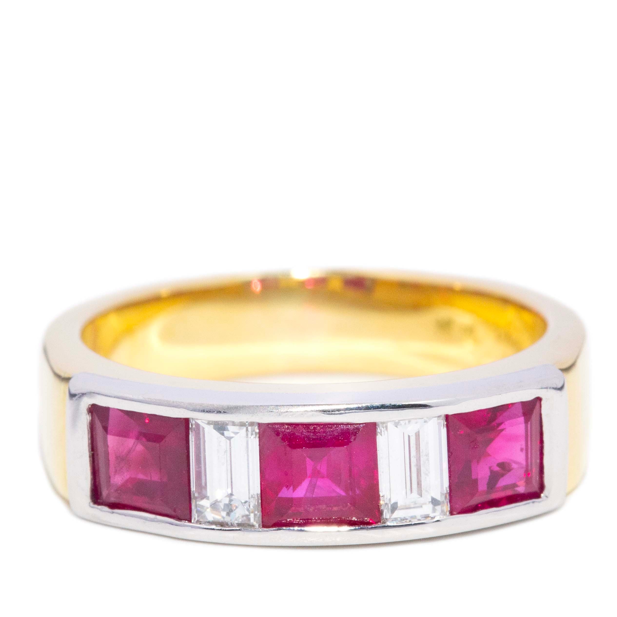 Amira Vintage Carre Cut Ruby & Diamond Three Stone Ring 18ct Two Tone Gold Rings Imperial Jewellery 
