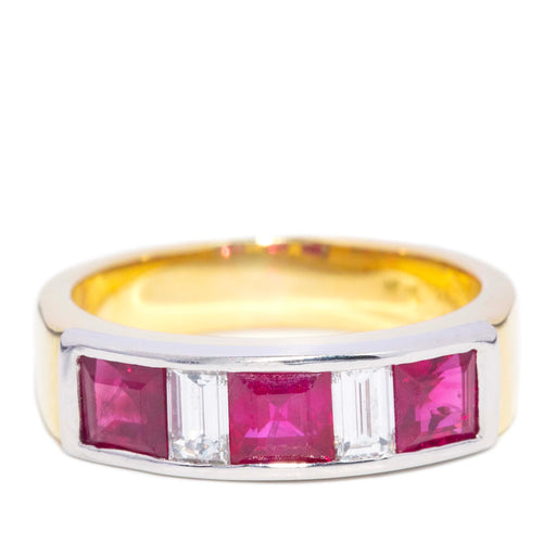Amira Carre Cut Ruby & Diamond Dress Ring 18K Two Tone Gold