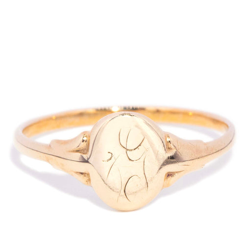 Amos 1960s Oval Monogram Flared Signet Ring 9K Yellow Gold