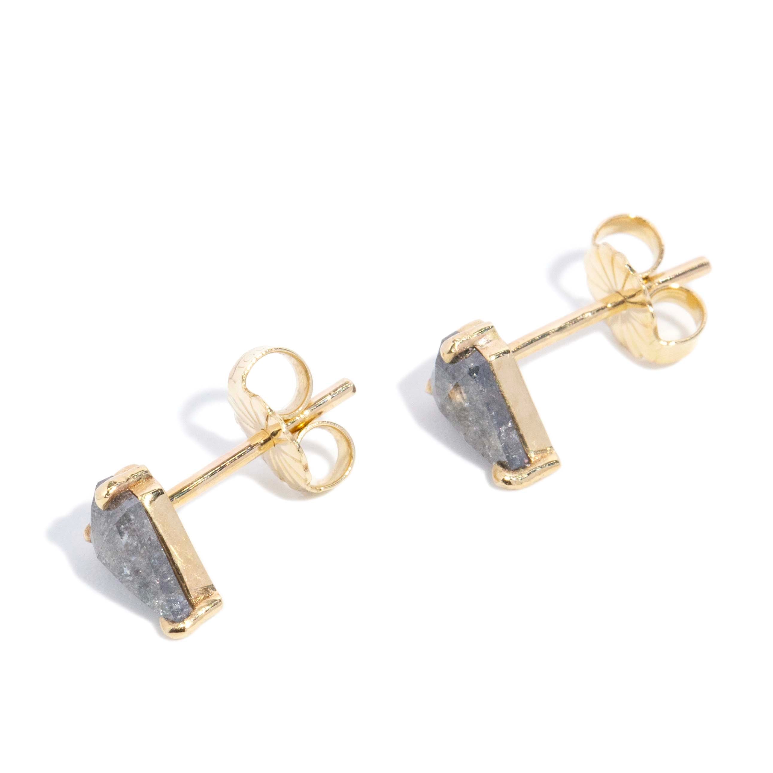 Anike Contemporary Shield Rose Cut Salt & Pepper Diamond Studs 9ct Yellow Gold Earrings Imperial Jewellery 
