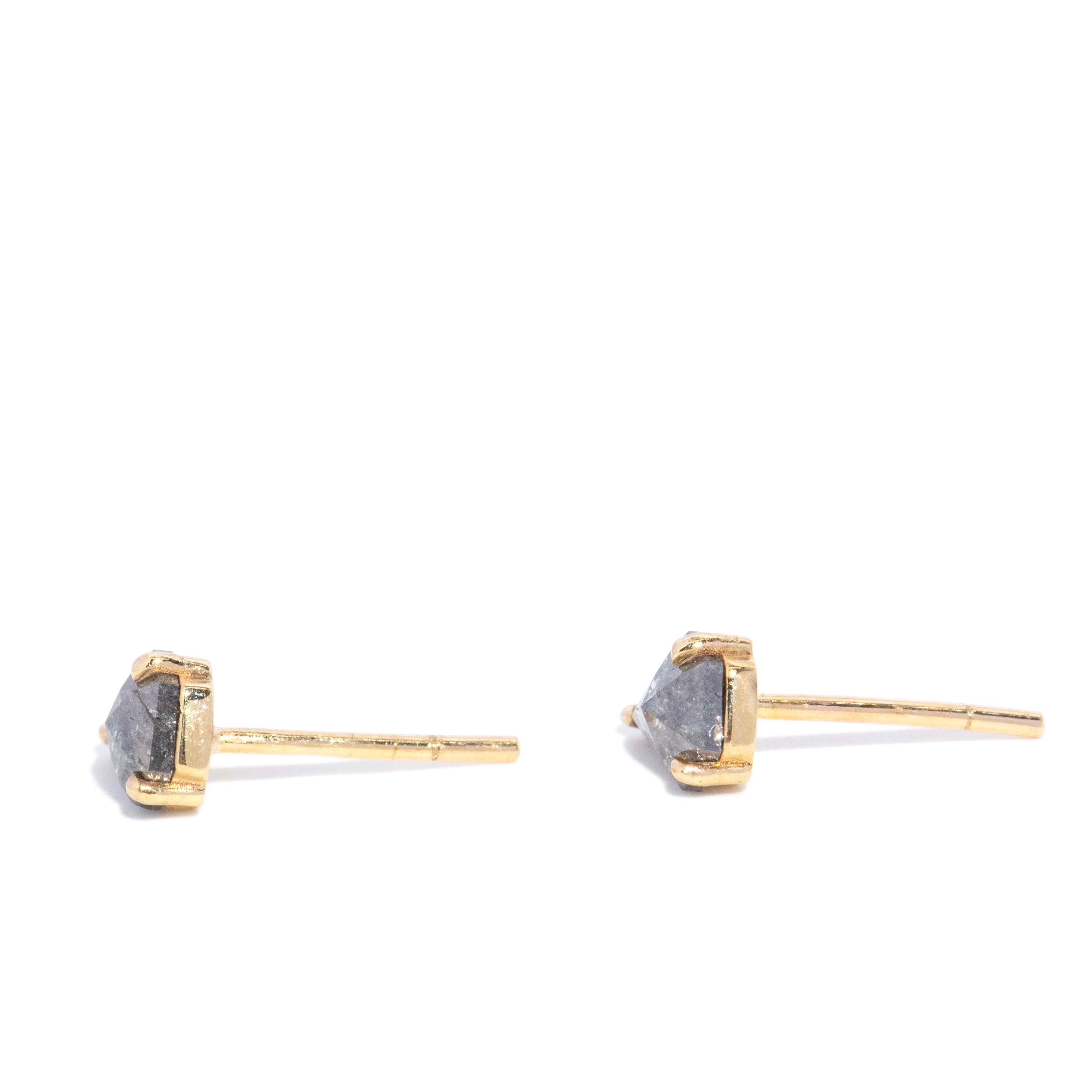 Anike Contemporary Shield Rose Cut Salt & Pepper Diamond Studs 9ct Yellow Gold Earrings Imperial Jewellery 