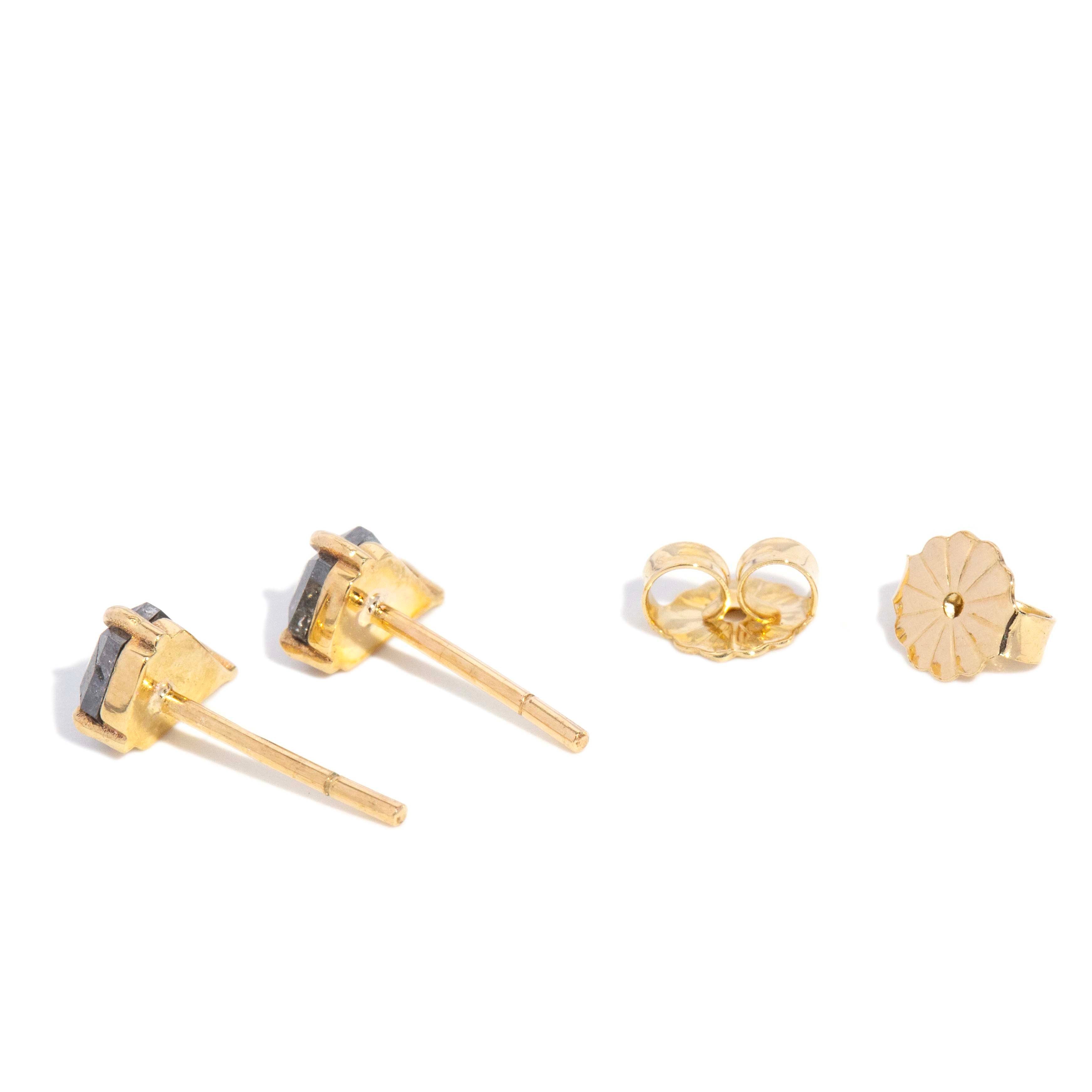 Anike Contemporary Shield Rose Cut Salt & Pepper Diamond Studs 9ct Yellow Gold Earrings Imperial Jewellery 