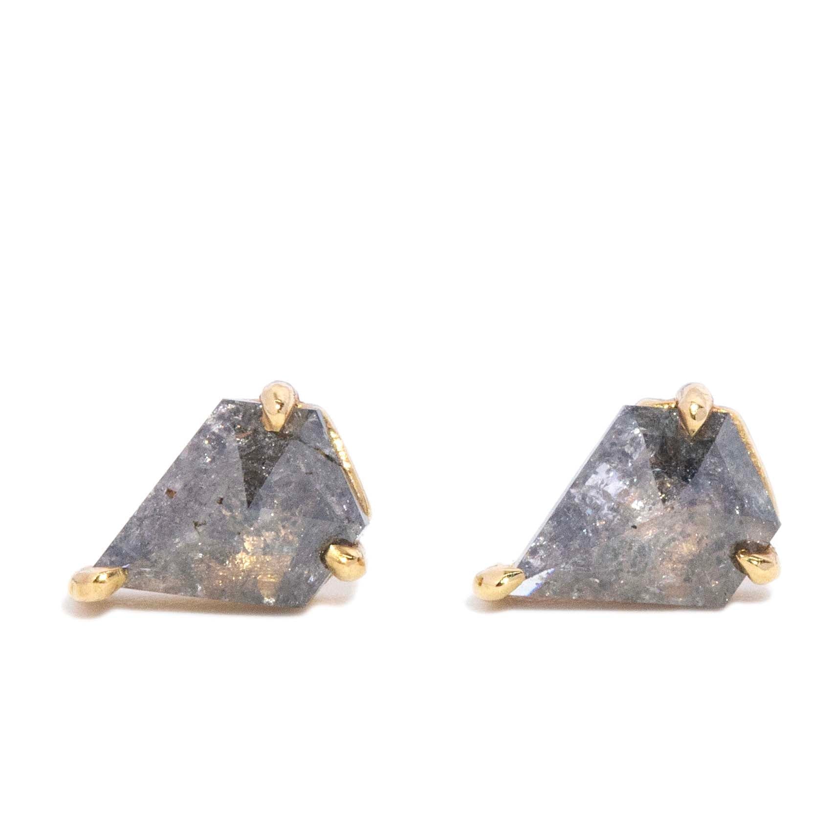 Anike Contemporary Shield Rose Cut Salt & Pepper Diamond Studs 9ct Yellow Gold Earrings Imperial Jewellery 