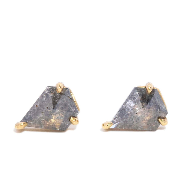 Anike Contemporary Shield Rose Cut Salt & Pepper Diamond Studs 9ct Yellow Gold Earrings Imperial Jewellery 