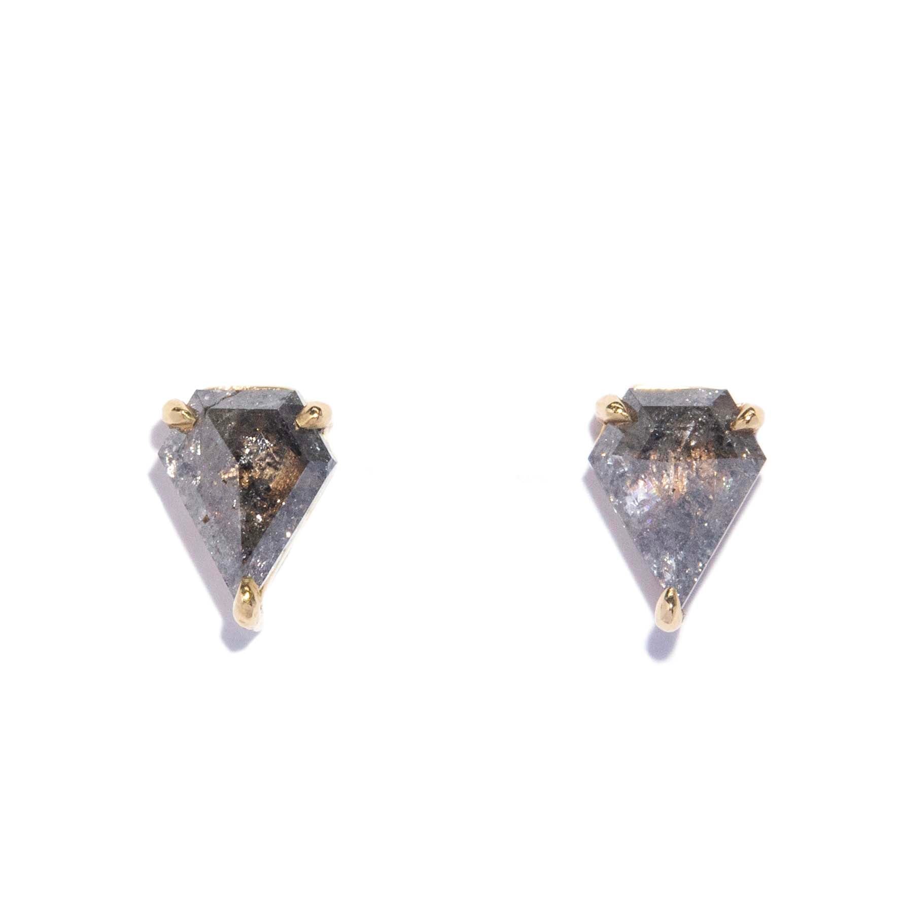 Anike Contemporary Shield Rose Cut Salt & Pepper Diamond Studs 9ct Yellow Gold Earrings Imperial Jewellery 