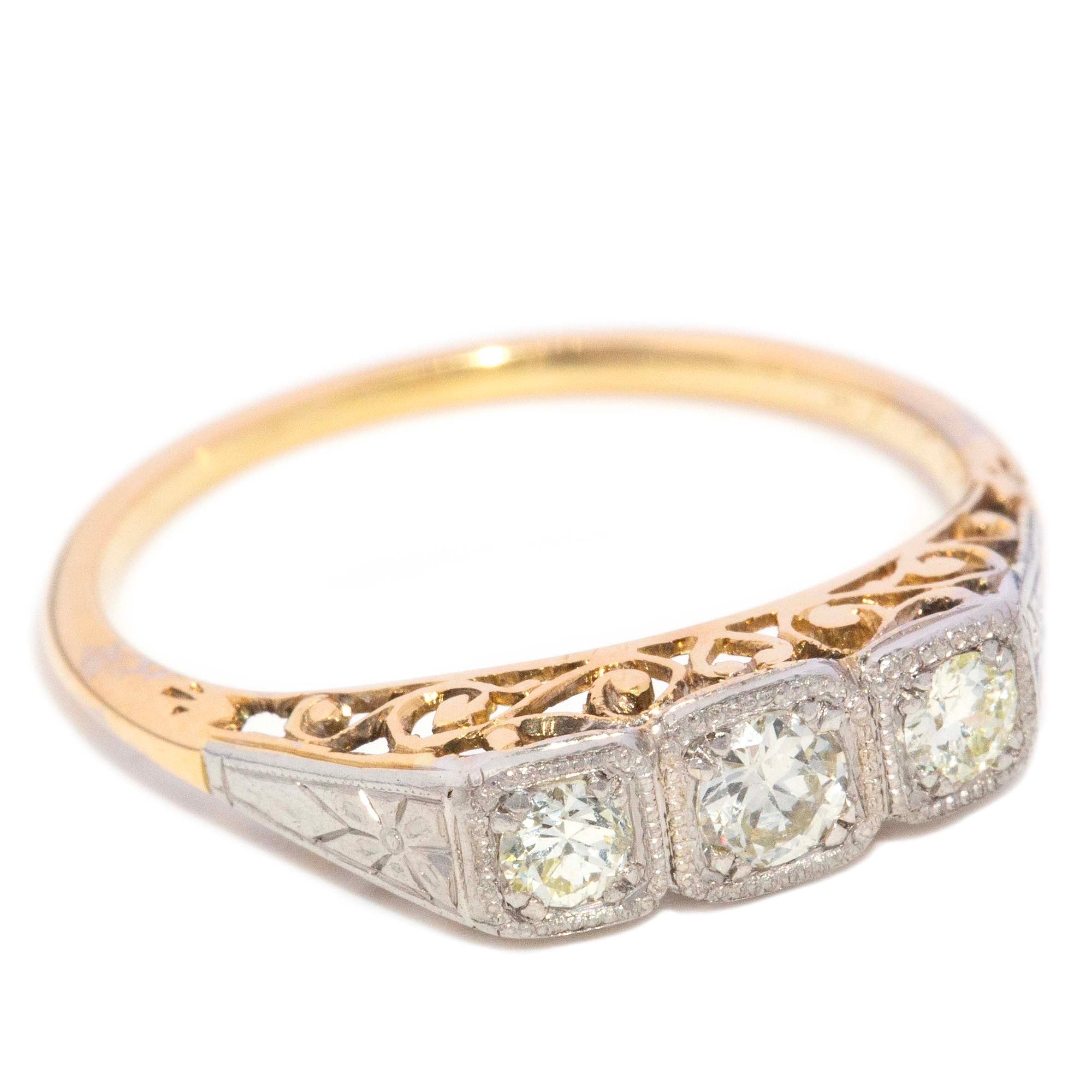 Annie 1960s Diamond Three Stone Filigree Ring 18ct Two Tone Gold Rings Imperial Jewellery 