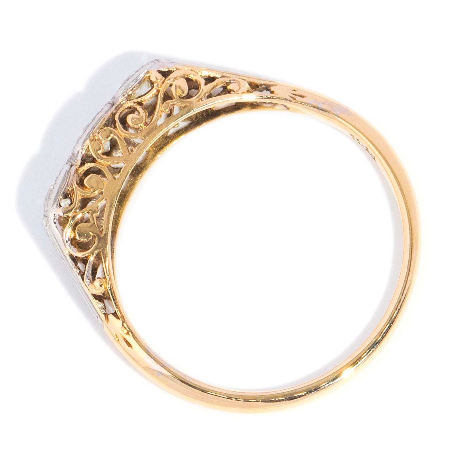 Annie 1960s Diamond Three Stone Filigree Ring 18ct Two Tone Gold Rings Imperial Jewellery 