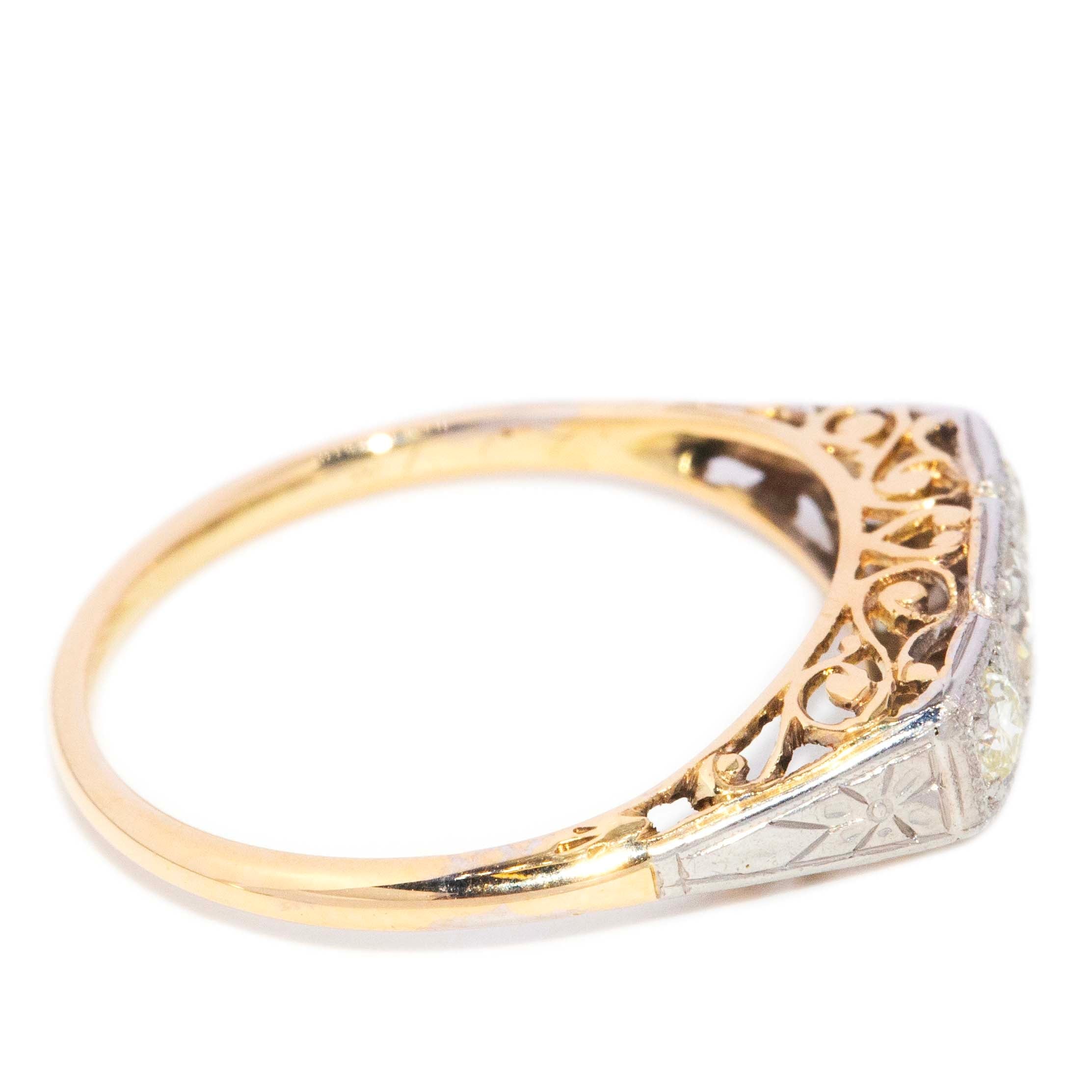 Annie 1960s Diamond Three Stone Filigree Ring 18ct Two Tone Gold Rings Imperial Jewellery 