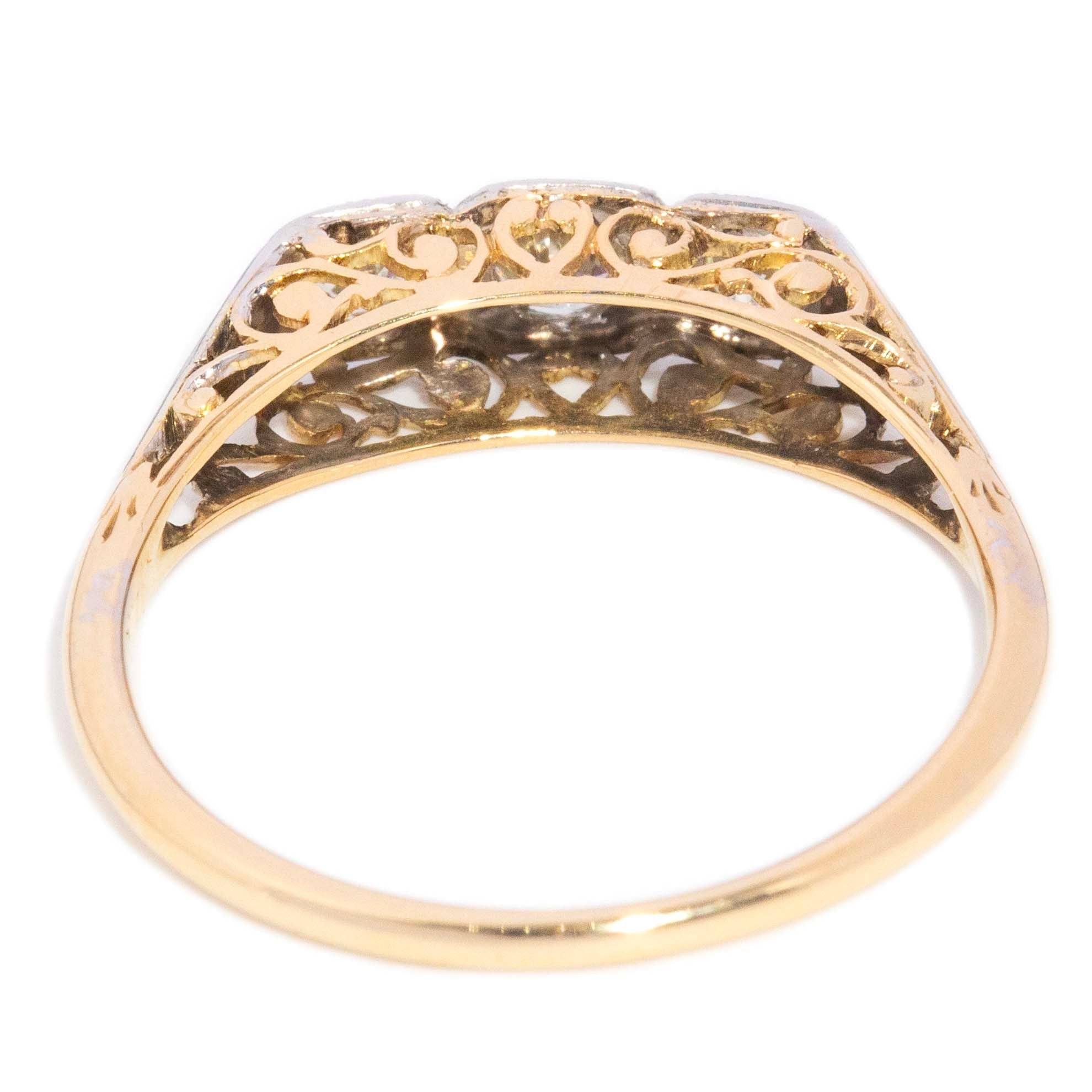 Annie 1960s Diamond Three Stone Filigree Ring 18ct Two Tone Gold Rings Imperial Jewellery 