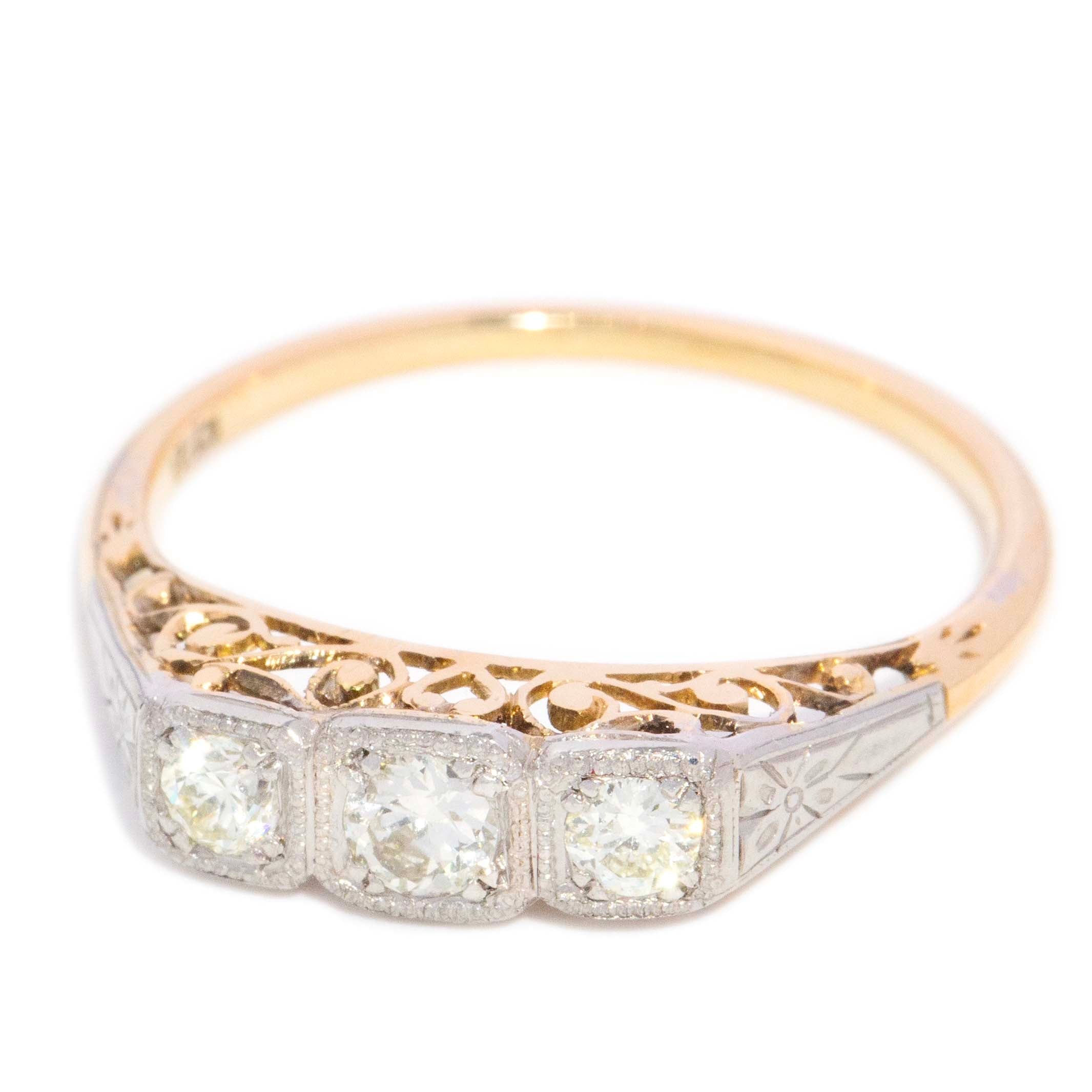 Annie 1960s Diamond Three Stone Filigree Ring 18ct Two Tone Gold Rings Imperial Jewellery 