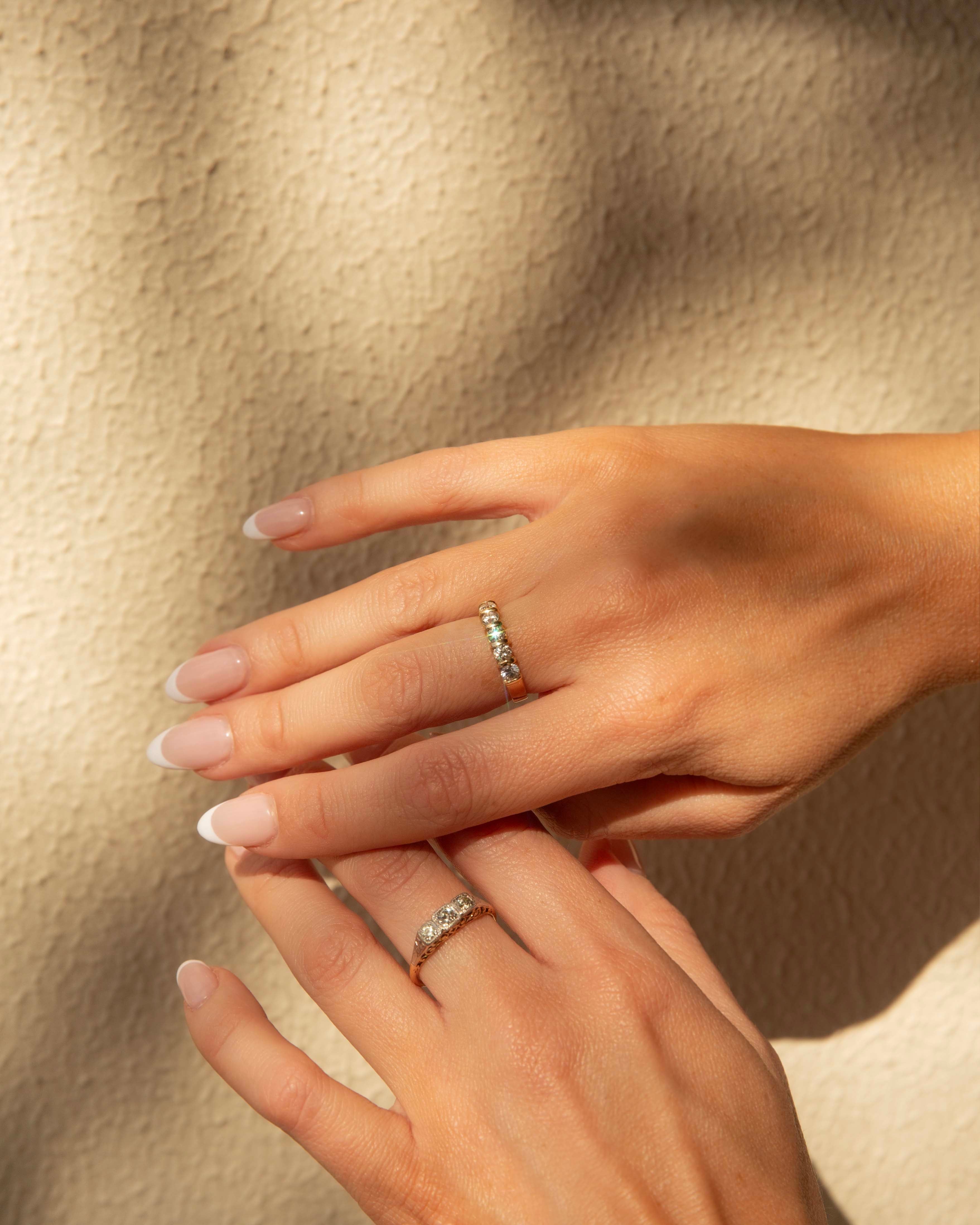 Annie 1960s Diamond Three Stone Filigree Ring 18ct Two Tone Gold Rings Imperial Jewellery 