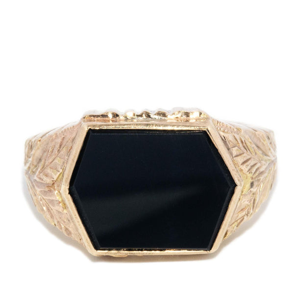 Vintage Circa 1980s Hexagonal Onyx Leaf Ring 9 Carat Gold