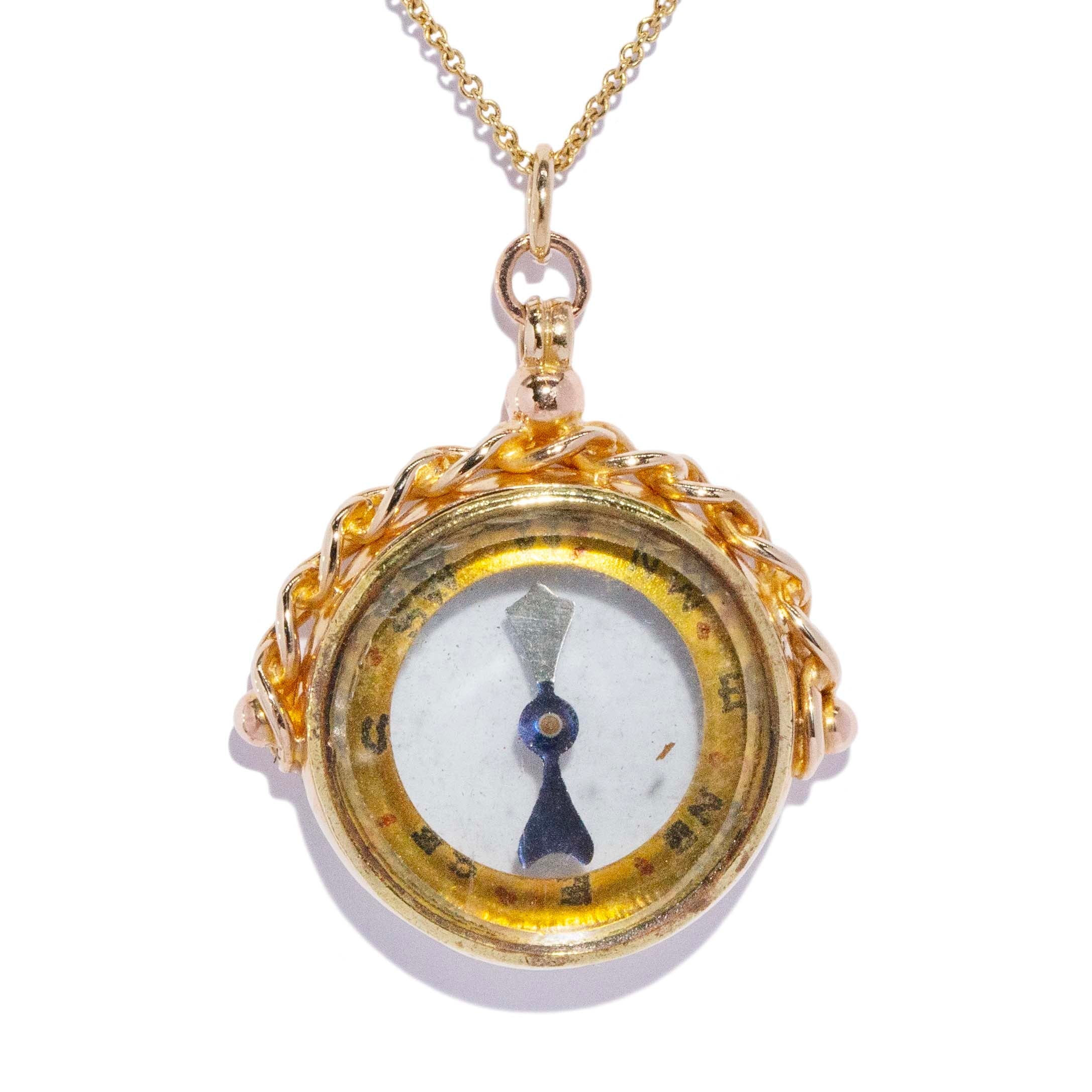 Anwar Antique 1924 Rope Twist Working Compass Spinner Pendant 9ct Yellow Gold Pendants/Necklaces Imperial Jewellery 