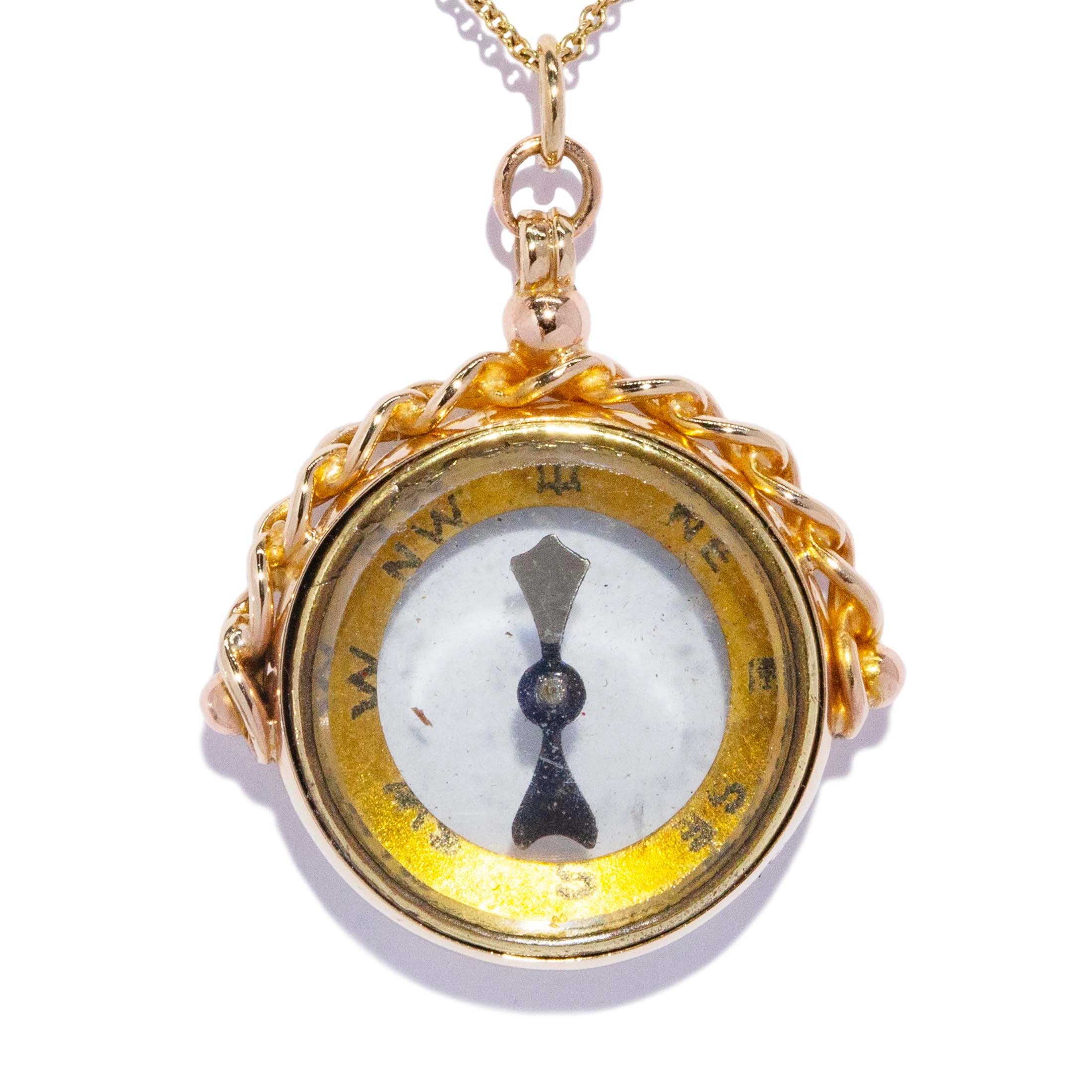 Anwar Antique 1924 Rope Twist Working Compass Spinner Pendant 9ct Yellow Gold Pendants/Necklaces Imperial Jewellery 