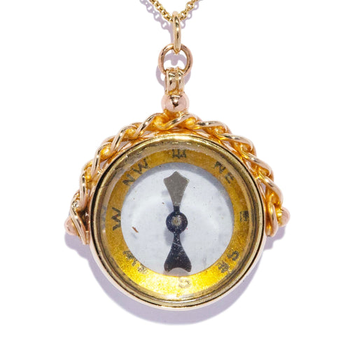 Anwar Antique 1920s Working Compass Pendant 9K Yellow Gold