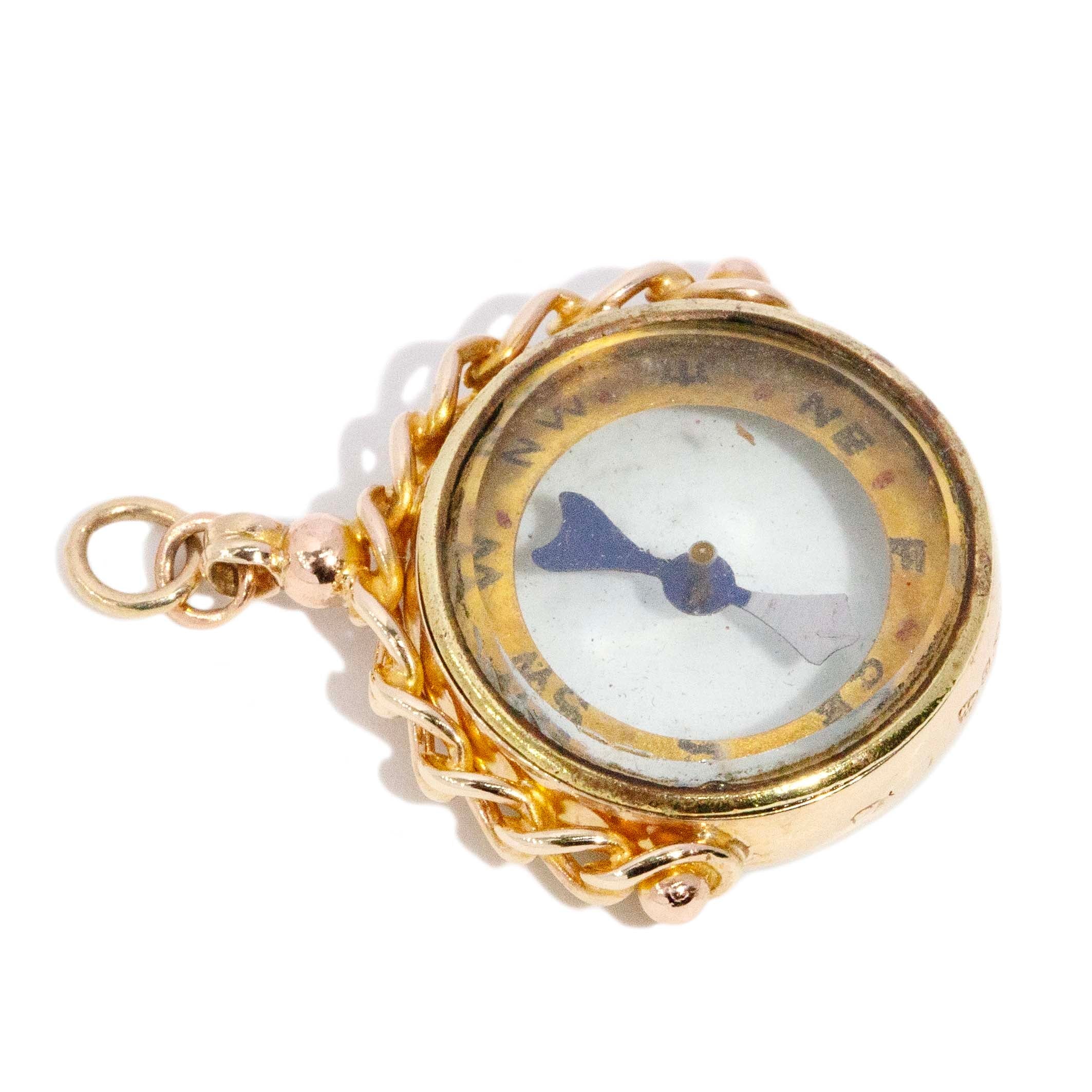 Anwar Antique 1924 Rope Twist Working Compass Spinner Pendant 9ct Yellow Gold Pendants/Necklaces Imperial Jewellery 