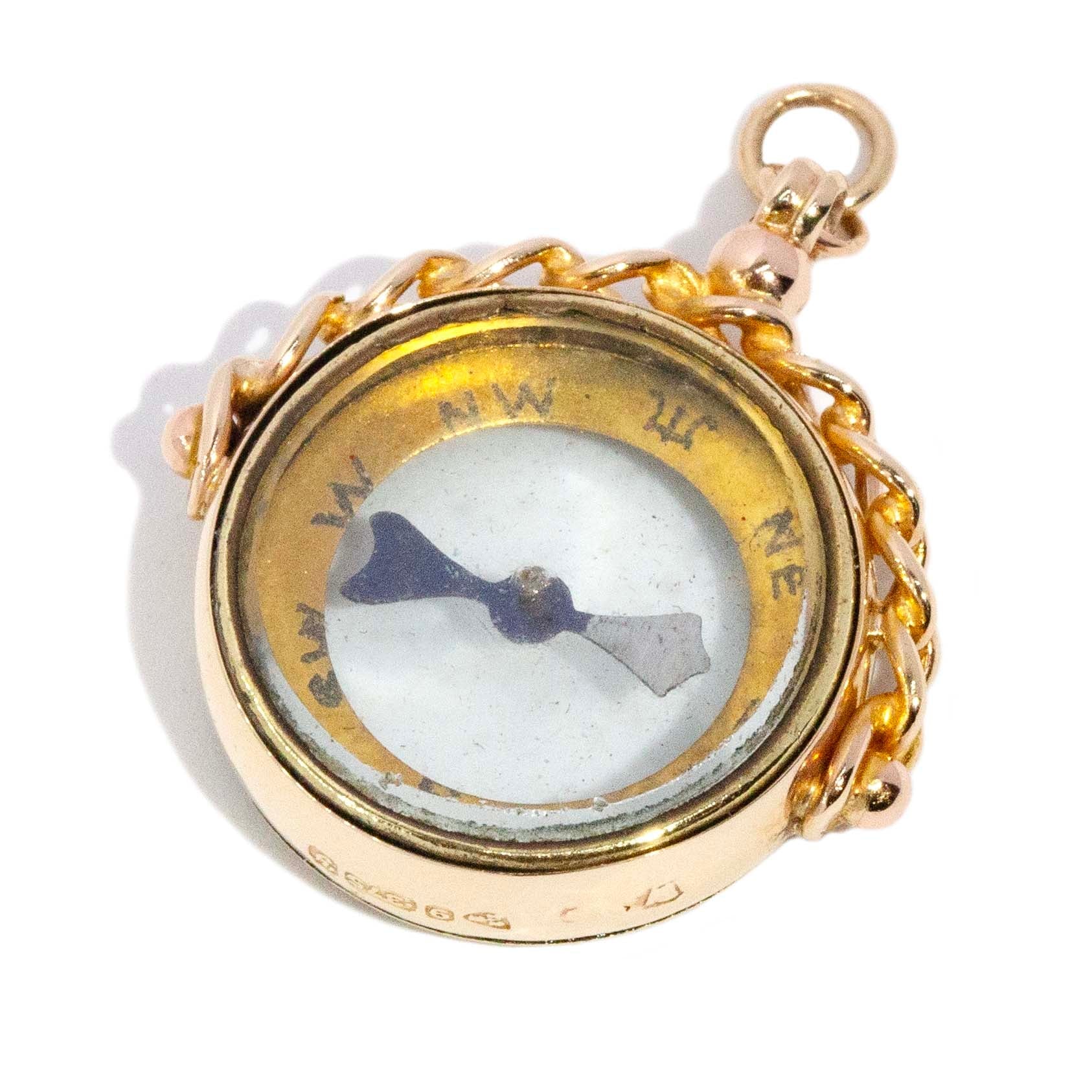 Anwar Antique 1924 Rope Twist Working Compass Spinner Pendant 9ct Yellow Gold Pendants/Necklaces Imperial Jewellery 