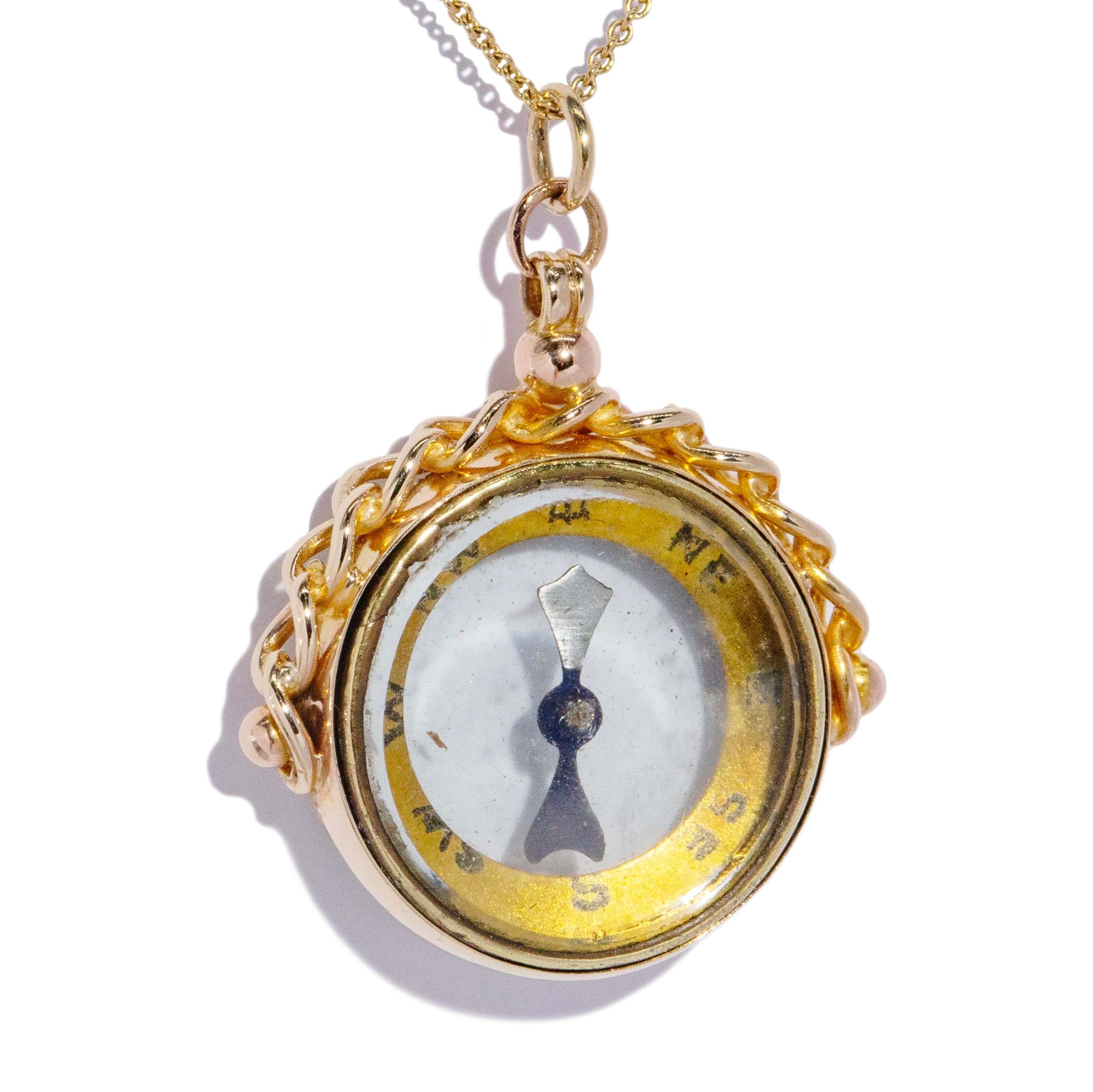 Anwar Antique 1924 Rope Twist Working Compass Spinner Pendant 9ct Yellow Gold Pendants/Necklaces Imperial Jewellery 