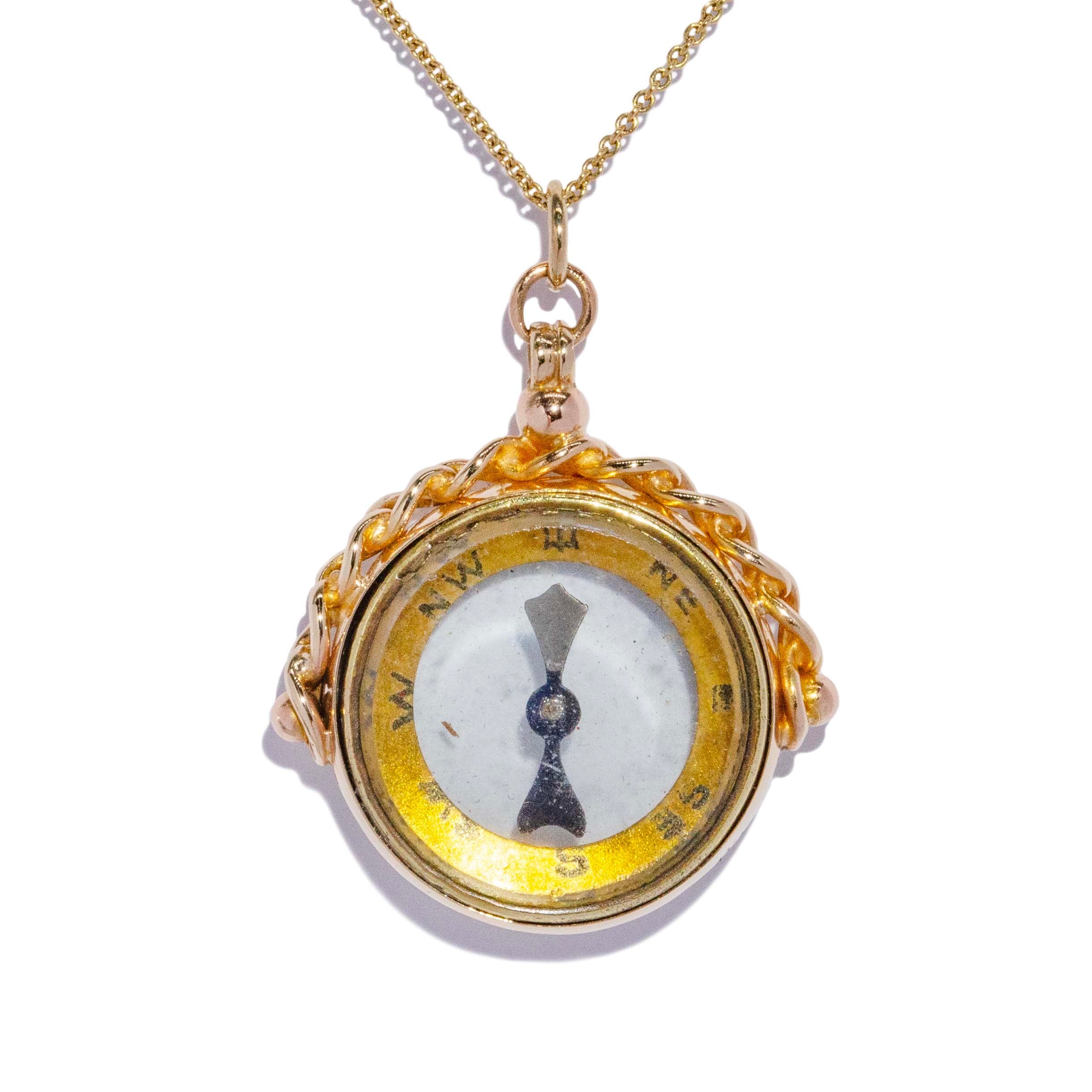 Anwar Antique 1924 Rope Twist Working Compass Spinner Pendant 9ct Yellow Gold Pendants/Necklaces Imperial Jewellery 