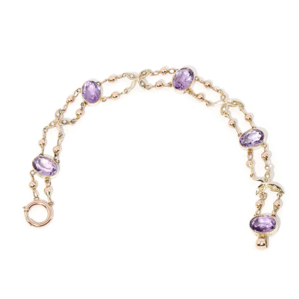 Contemporary Amethyst & Seed Pearl Bead Link Bracelet 9 Carat Yellow Gold