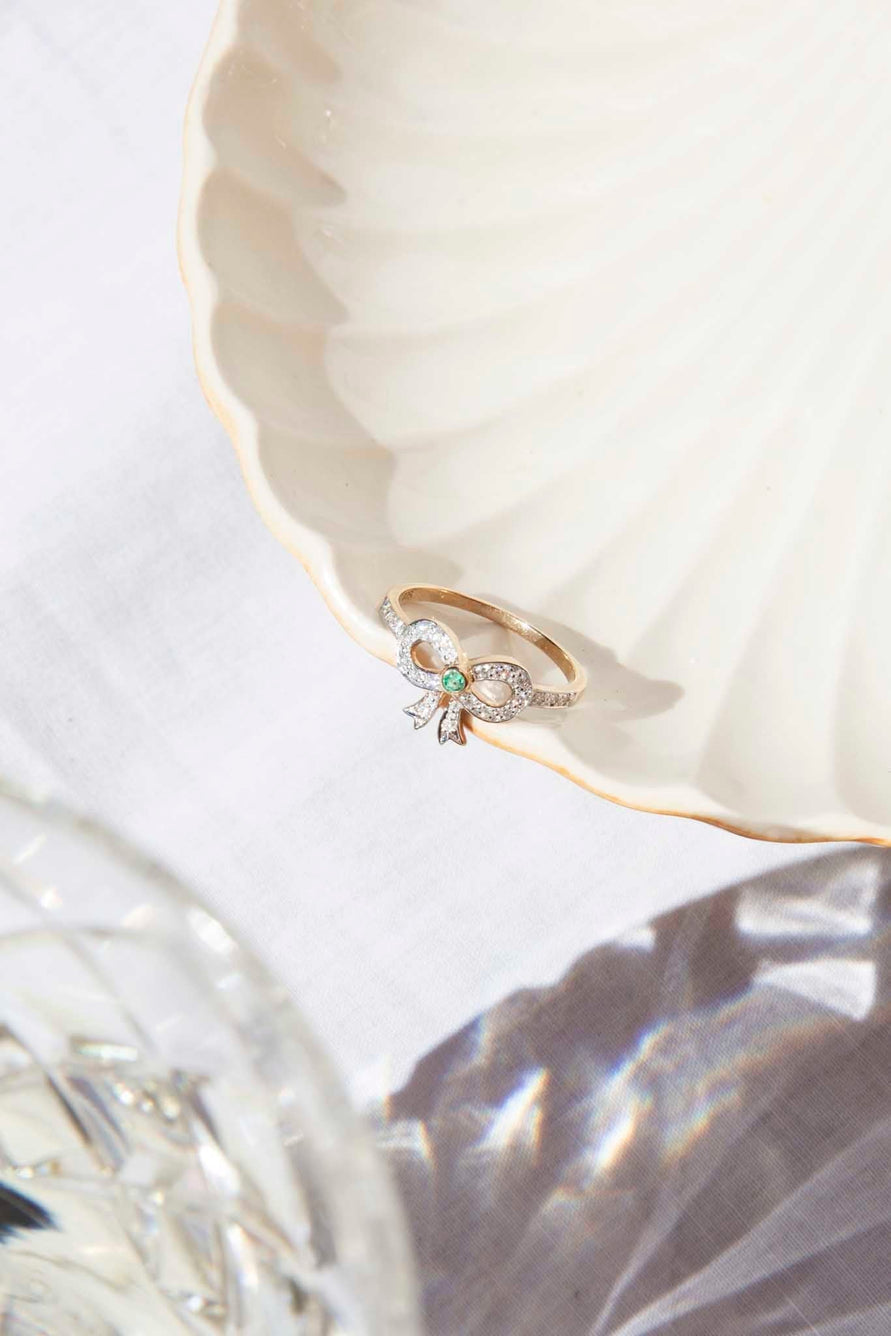 Audrey Emerald & Diamond Bow Ring 9 Carat Gold Rings Imperial Jewellery 