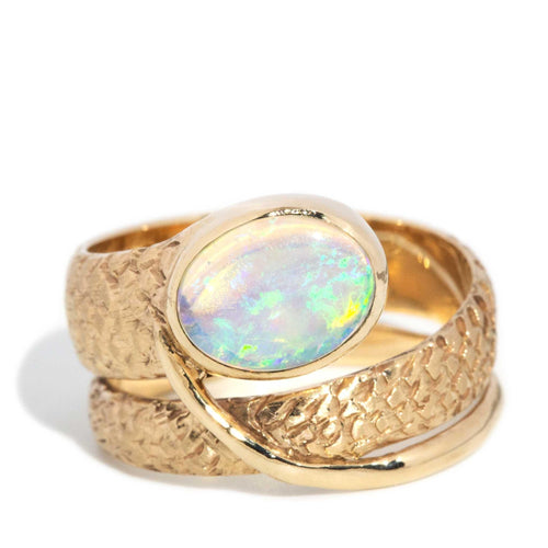 Becky 1980s Crystal Opal Textured Snake Ring 14K Yellow Gold