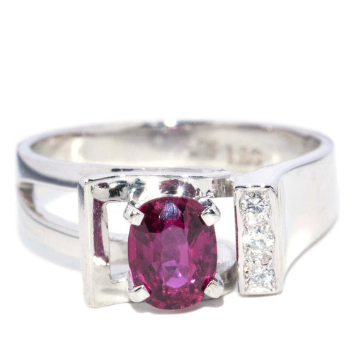 Belinda 1970s Ruby Diamond Asymmetrical Ring 14K White Gold